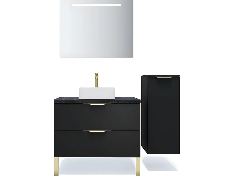 Meuble de salle de bain suspendu vasque à poser 90cm 2 tiroirs Noir + miroir + colonne ouverture droite - Venice
