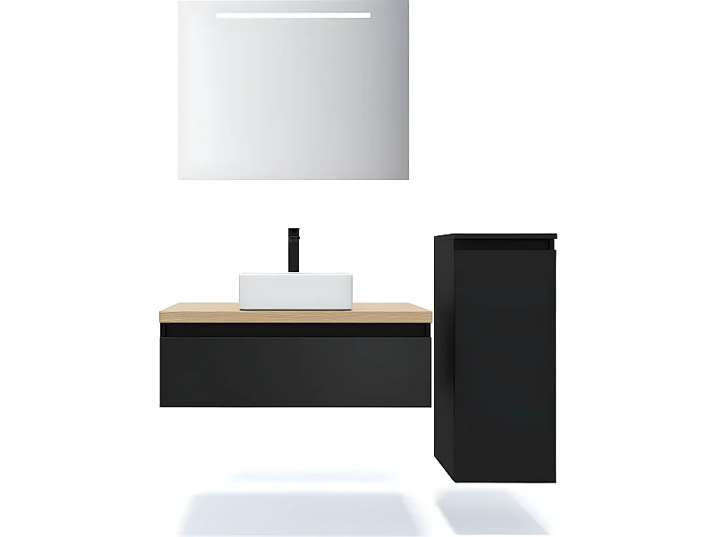Meuble de salle de bain suspendu vasque à poser 90cm 1 tiroir Noir + miroir + colonne ouverture droite - Hudson