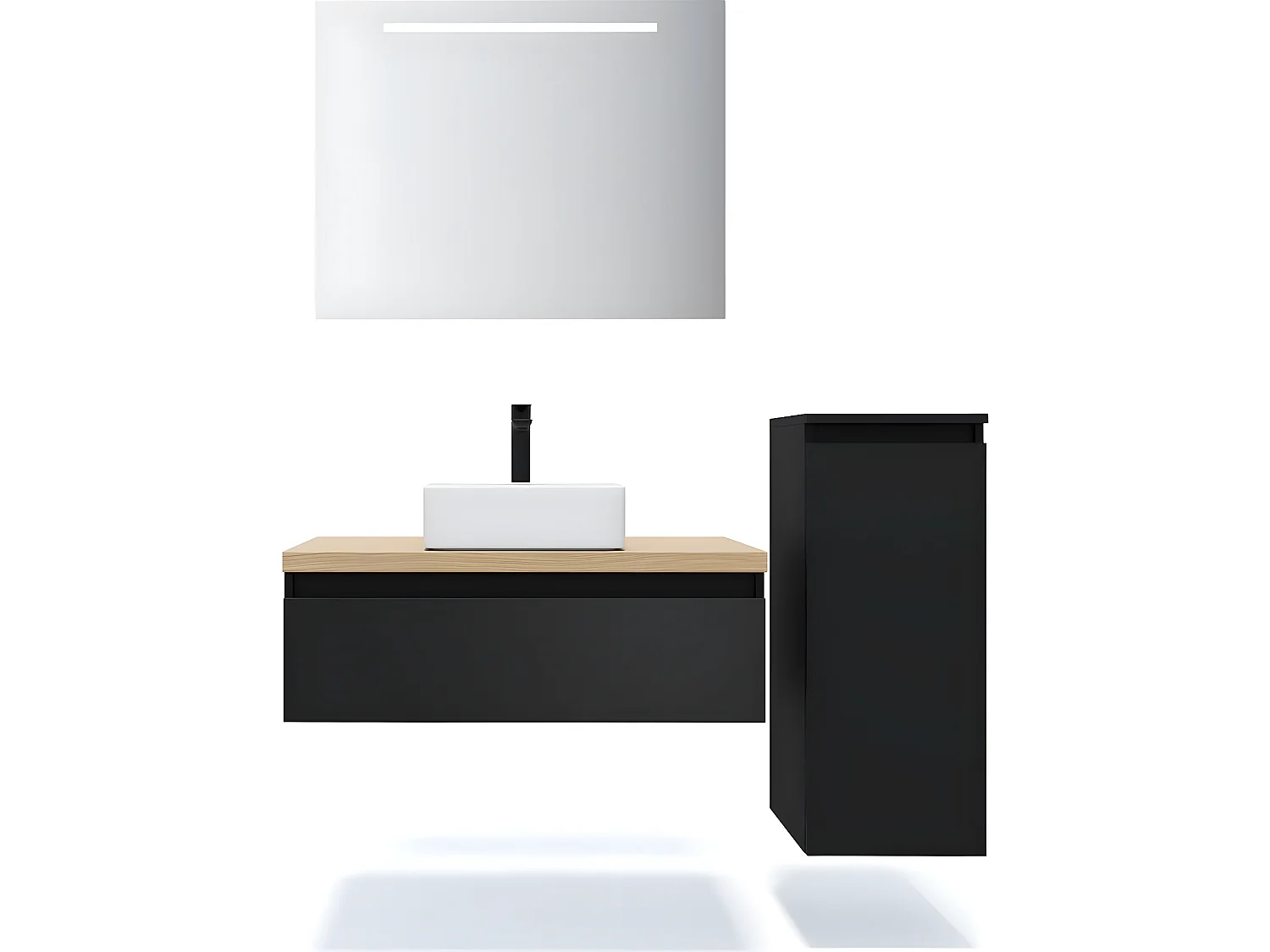 Meuble de salle de bain suspendu vasque à poser 90cm 1 tiroir Noir + miroir + colonne ouverture droite - Hudson