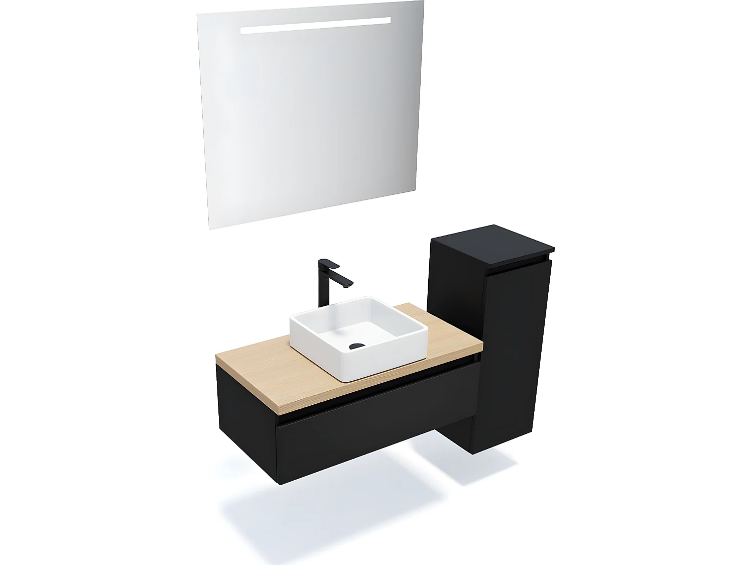 Meuble de salle de bain suspendu vasque à poser 90cm 1 tiroir Noir + miroir + colonne ouverture droite - Hudson