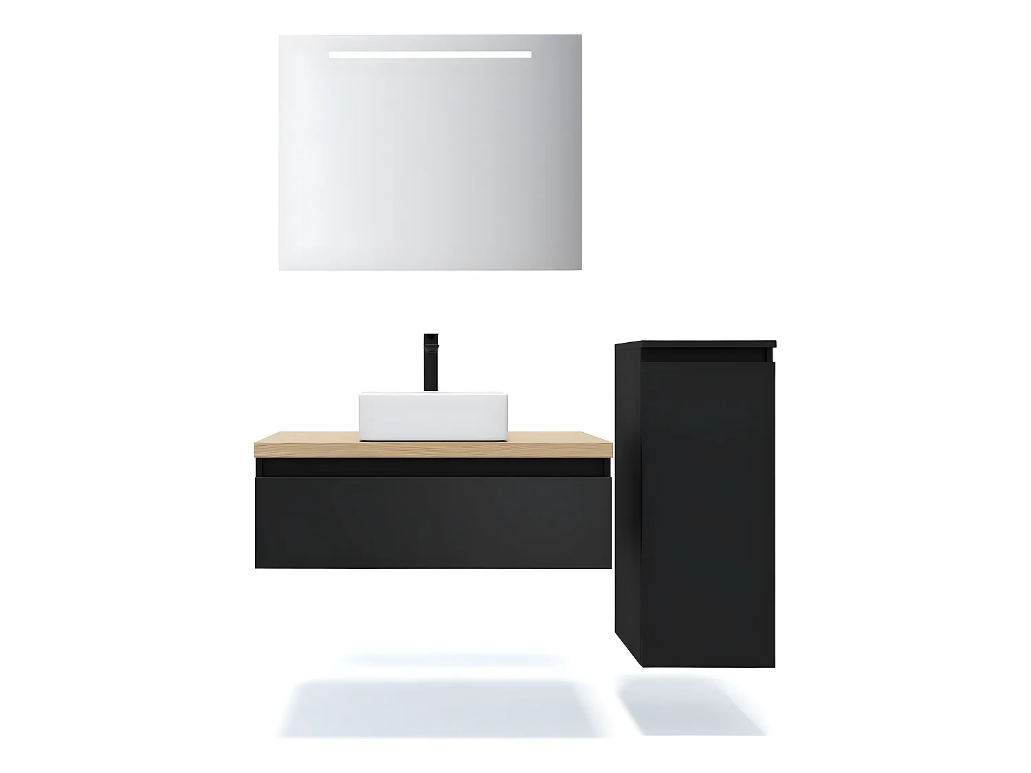 Meuble de salle de bain suspendu vasque à poser 90cm 1 tiroir Noir + miroir + colonne ouverture droite - Hudson