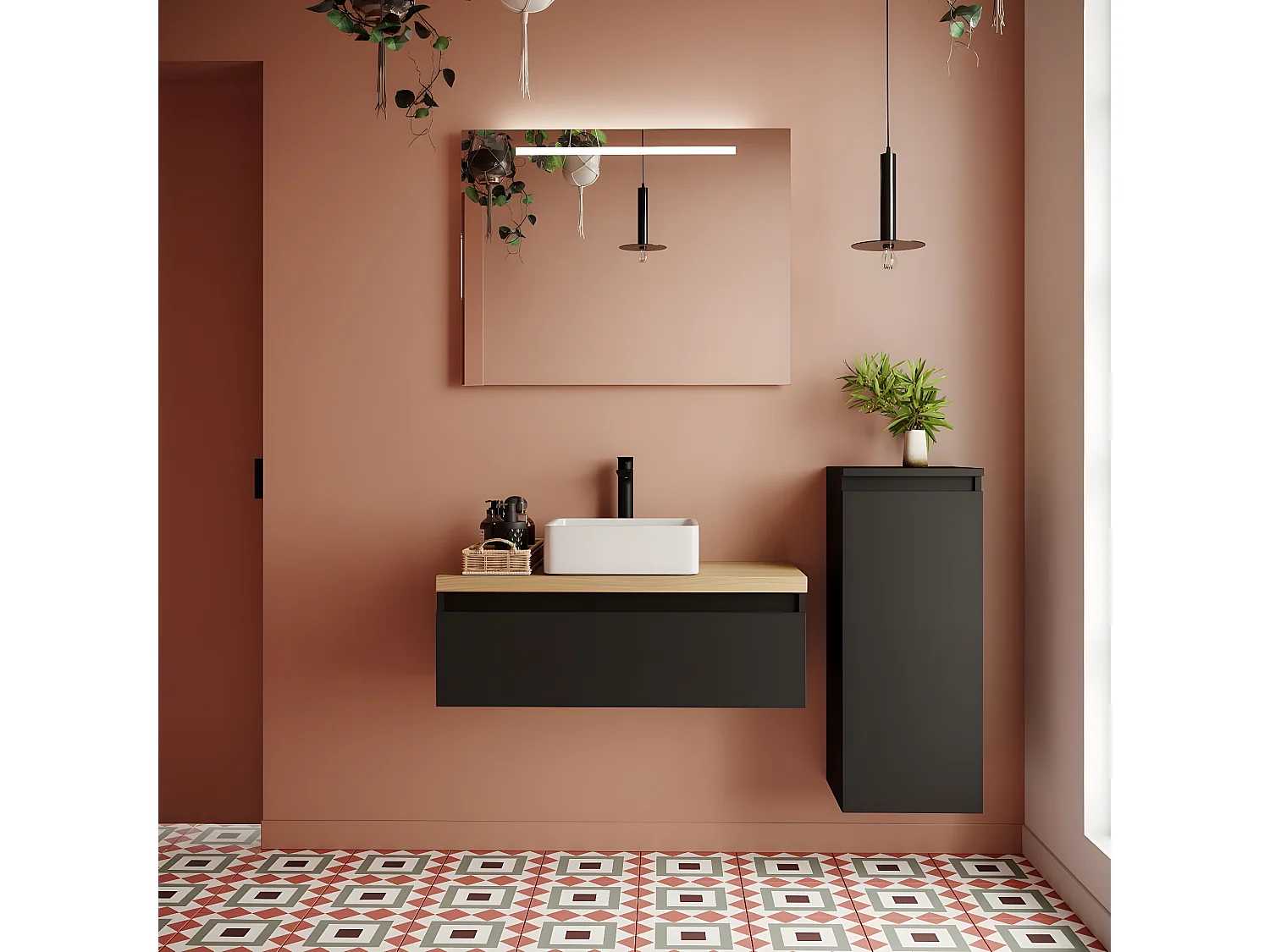 Meuble de salle de bain suspendu vasque à poser 90cm 1 tiroir Noir + miroir + colonne ouverture droite - Hudson