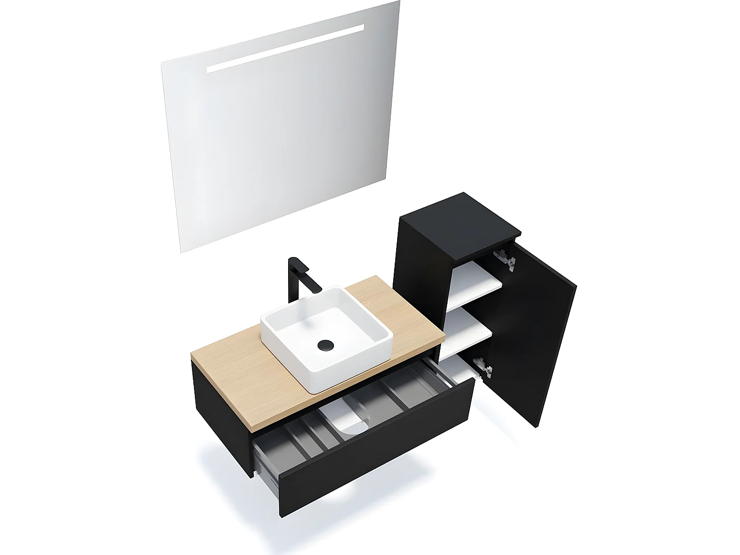 Meuble de salle de bain suspendu vasque à poser 90cm 1 tiroir Noir + miroir + colonne ouverture droite - Hudson