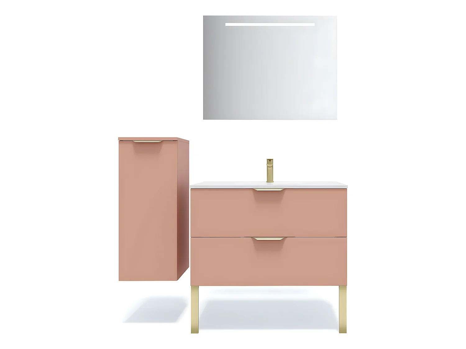 Meuble de salle de bain suspendu vasque intégrée 90cm 2 tiroirs Abricot + miroir + colonne ouverture gauche - Venice