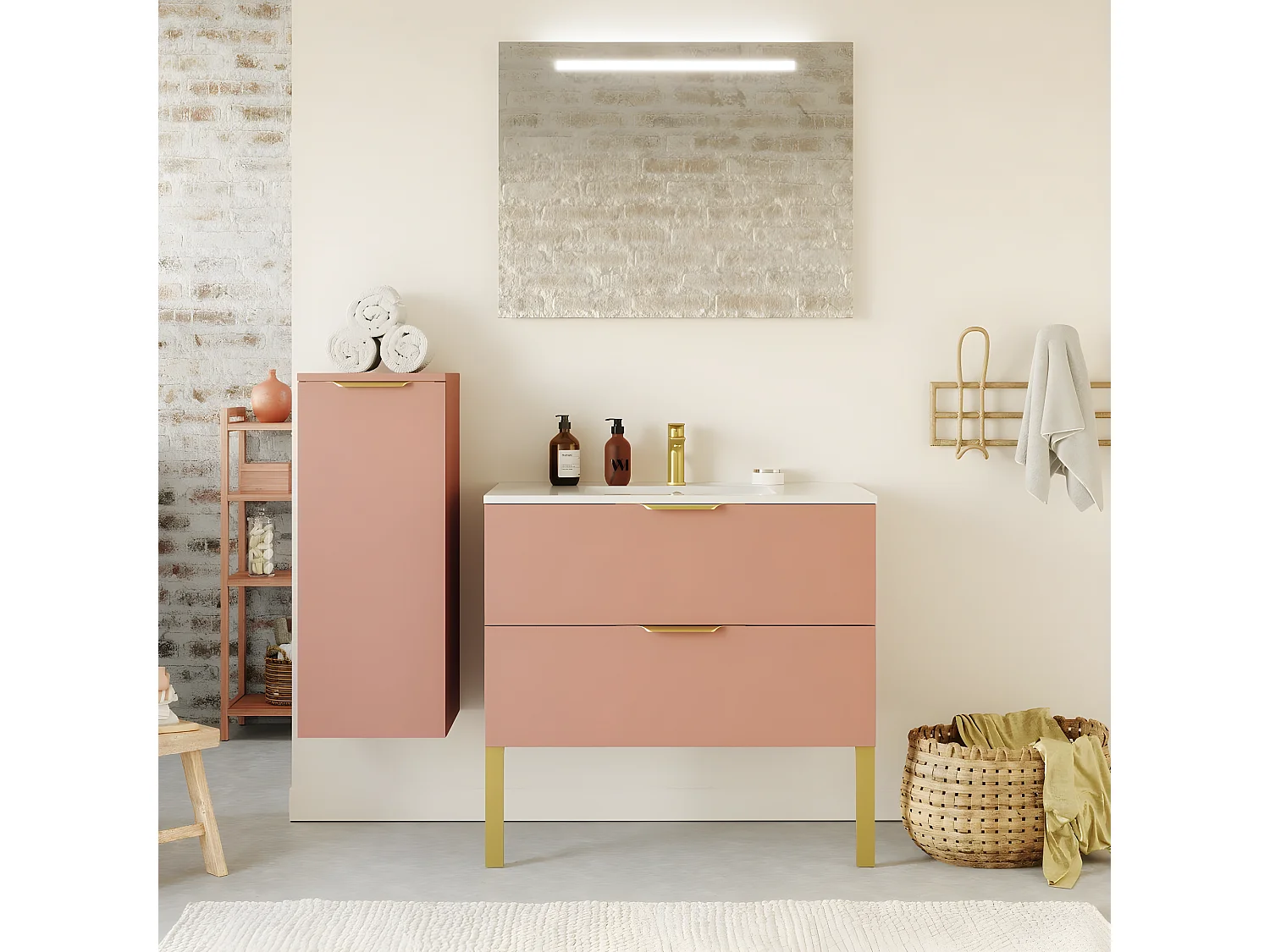 Meuble de salle de bain suspendu vasque intégrée 90cm 2 tiroirs Abricot + miroir + colonne ouverture gauche - Venice