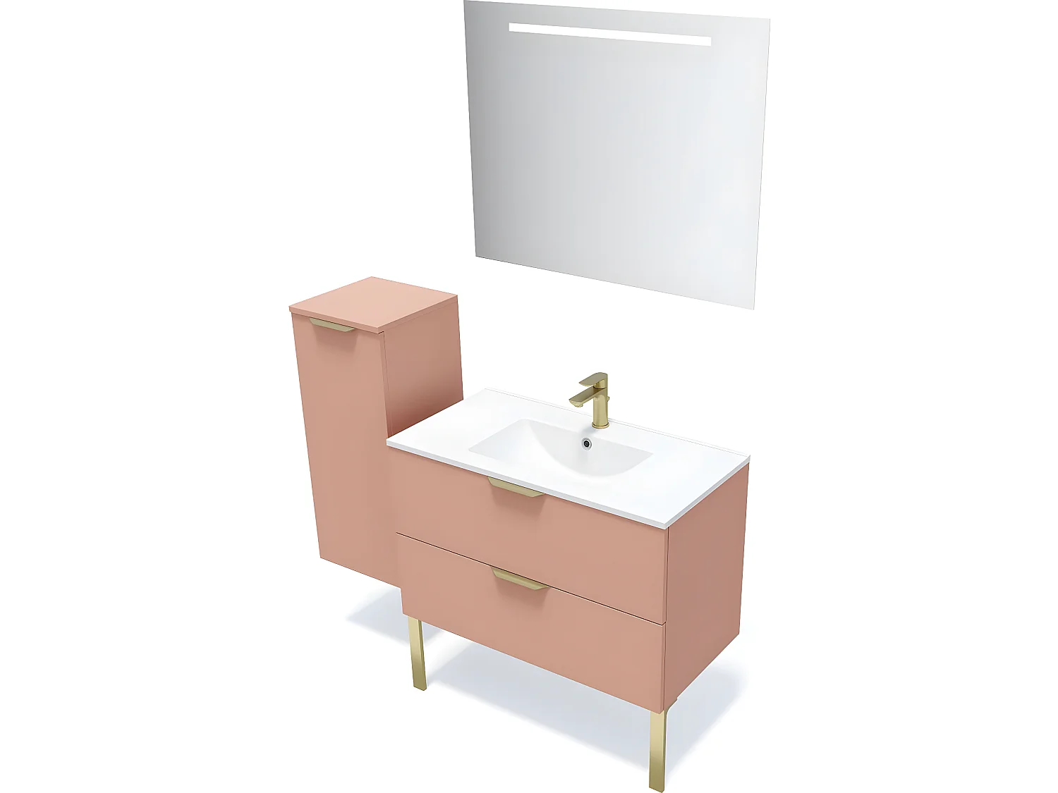 Meuble de salle de bain suspendu vasque intégrée 90cm 2 tiroirs Abricot + miroir + colonne ouverture gauche - Venice