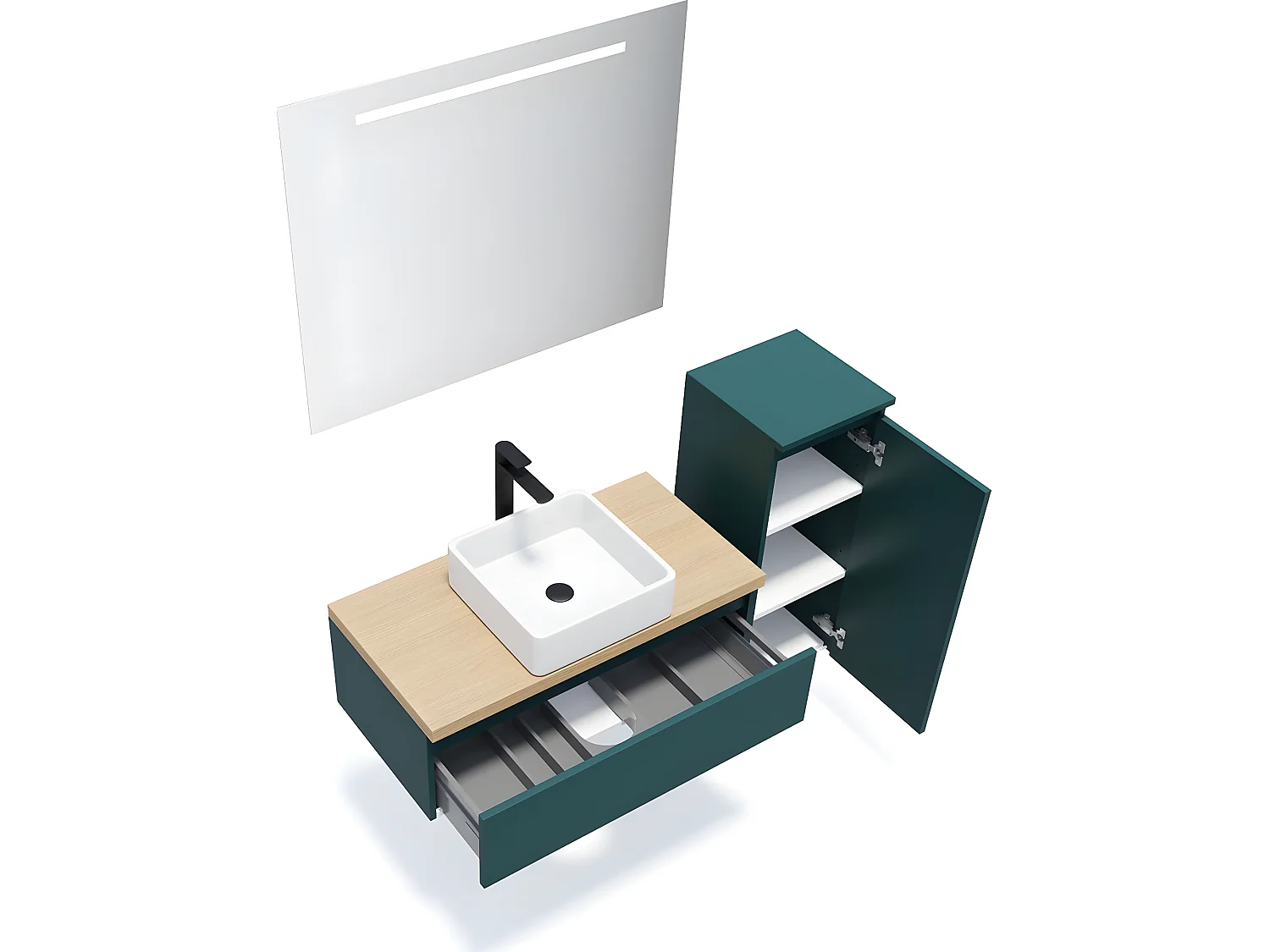 Meuble de salle de bain suspendu vasque à poser 90cm 1 tiroir Bleu + miroir + colonne ouverture droite - Hudson