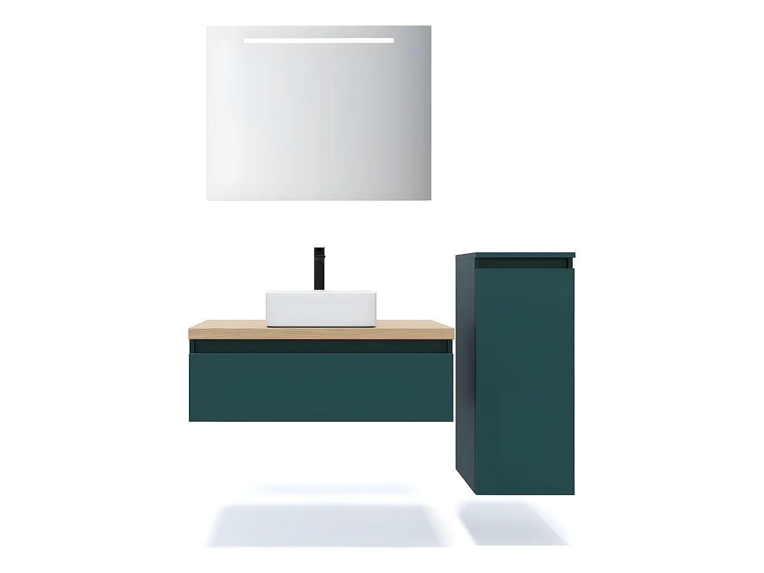 Meuble de salle de bain suspendu vasque à poser 90cm 1 tiroir Bleu + miroir + colonne ouverture droite - Hudson