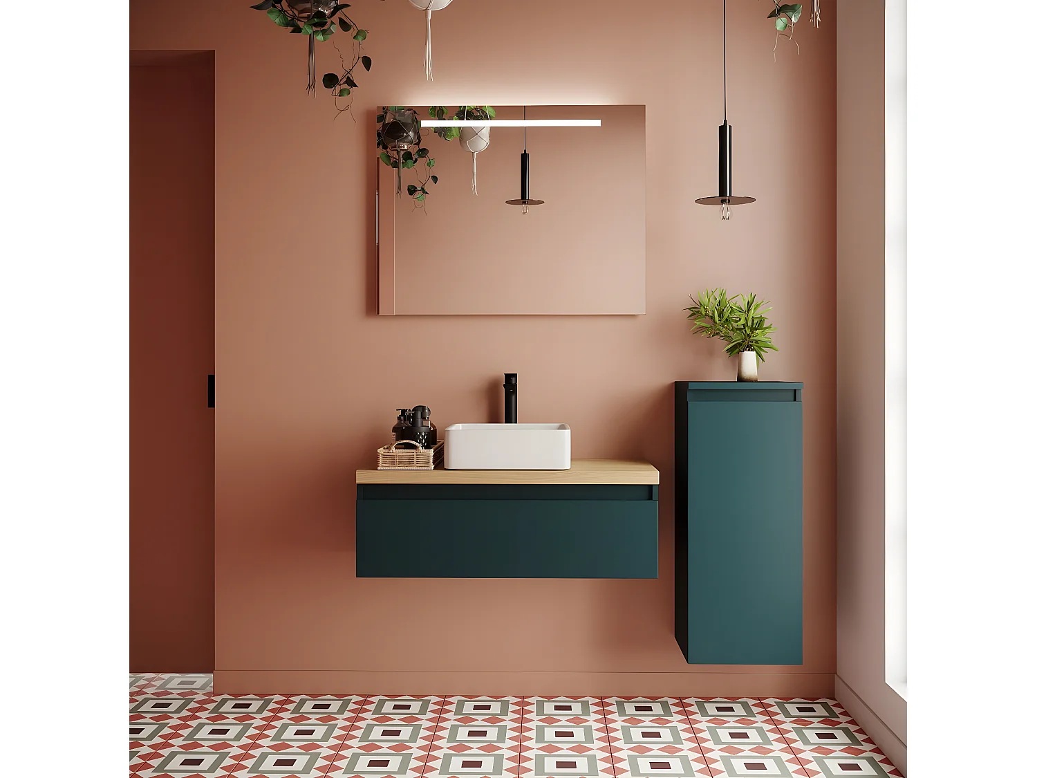 Meuble de salle de bain suspendu vasque à poser 90cm 1 tiroir Bleu + miroir + colonne ouverture droite - Hudson