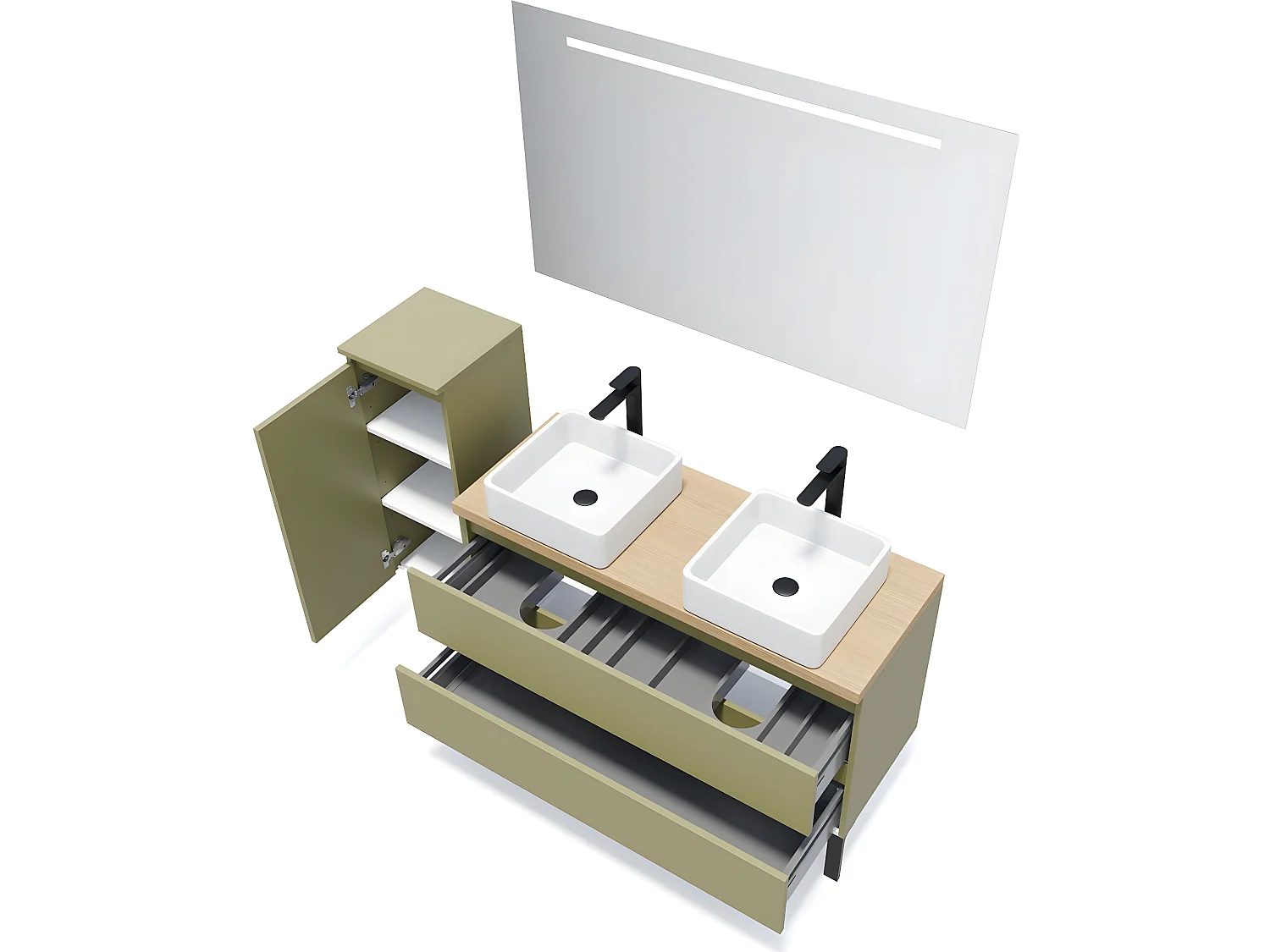 Meuble de salle de bain suspendu 2 vasques à poser 120cm 2 tiroirs Vert olive + miroir + colonne ouverture gauche - Hudson