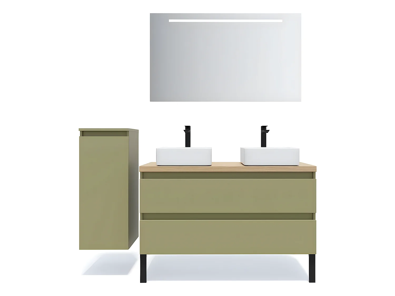 Meuble de salle de bain suspendu 2 vasques à poser 120cm 2 tiroirs Vert olive + miroir + colonne ouverture gauche - Hudson