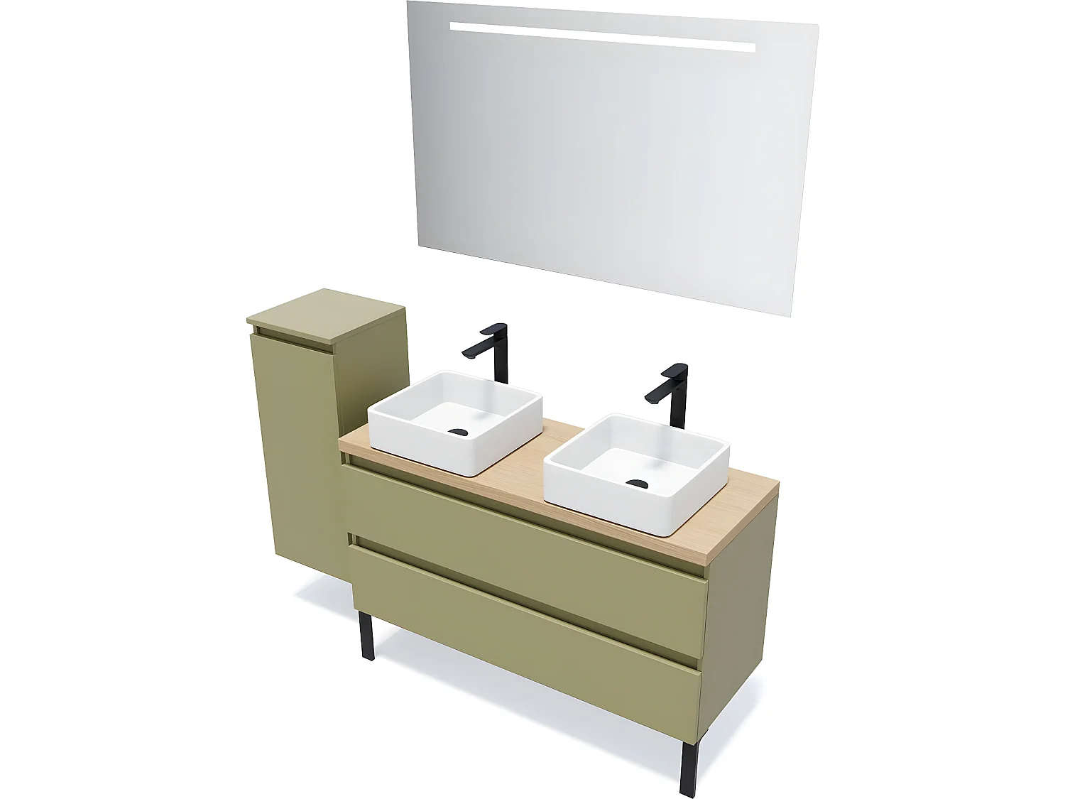 Meuble de salle de bain suspendu 2 vasques à poser 120cm 2 tiroirs Vert olive + miroir + colonne ouverture gauche - Hudson