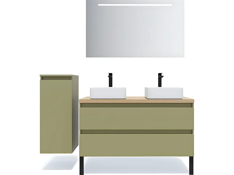Meuble de salle de bain suspendu 2 vasques à poser 120cm 2 tiroirs Vert olive + miroir + colonne ouverture gauche - Hudson