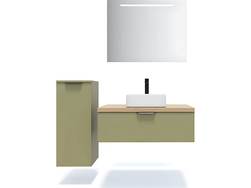 Meuble de salle de bain suspendu vasque à poser 90cm 1 tiroir Vert olive + miroir + colonne ouverture gauche - Soho