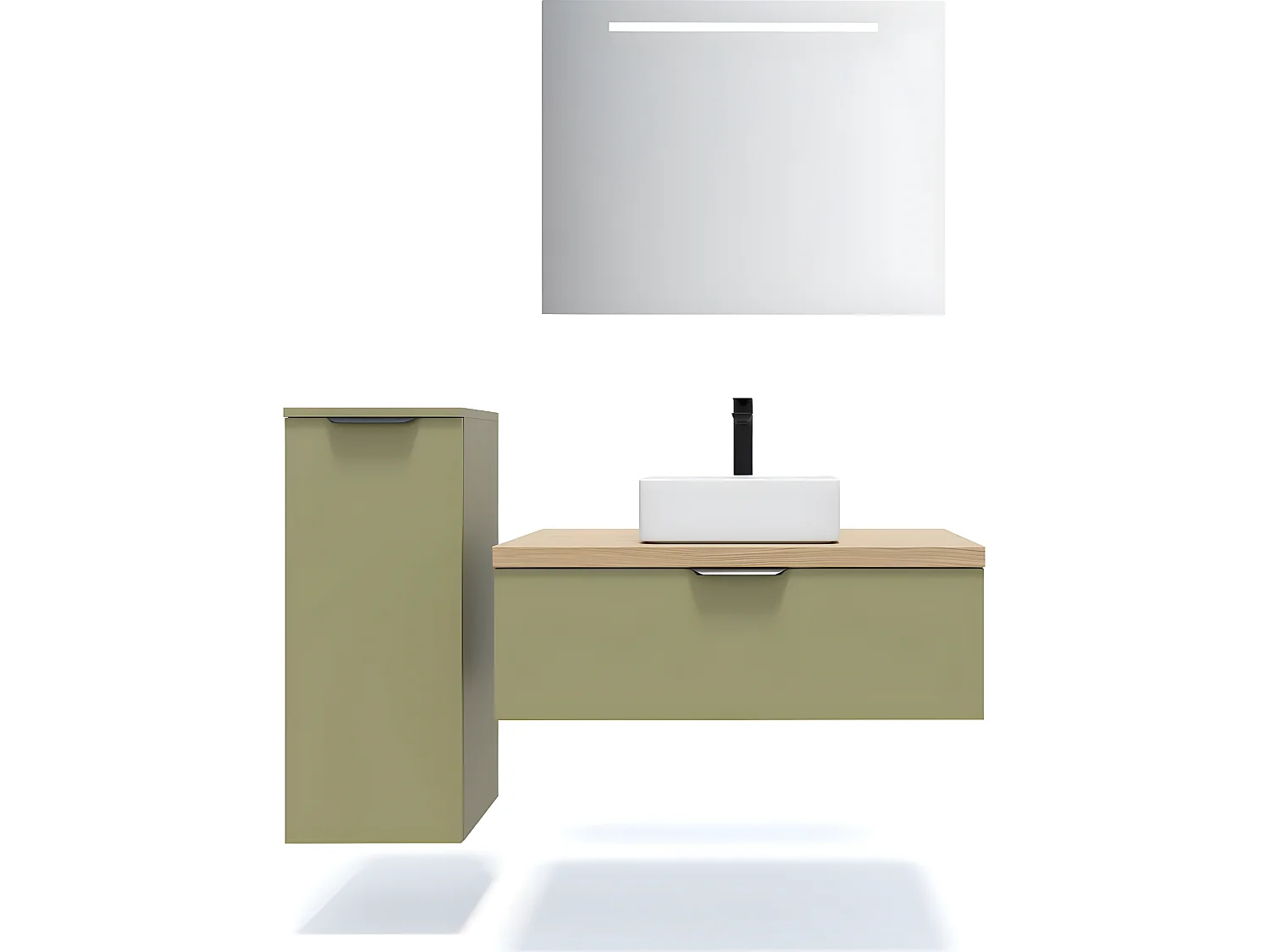 Meuble de salle de bain suspendu vasque à poser 90cm 1 tiroir Vert olive + miroir + colonne ouverture gauche - Soho