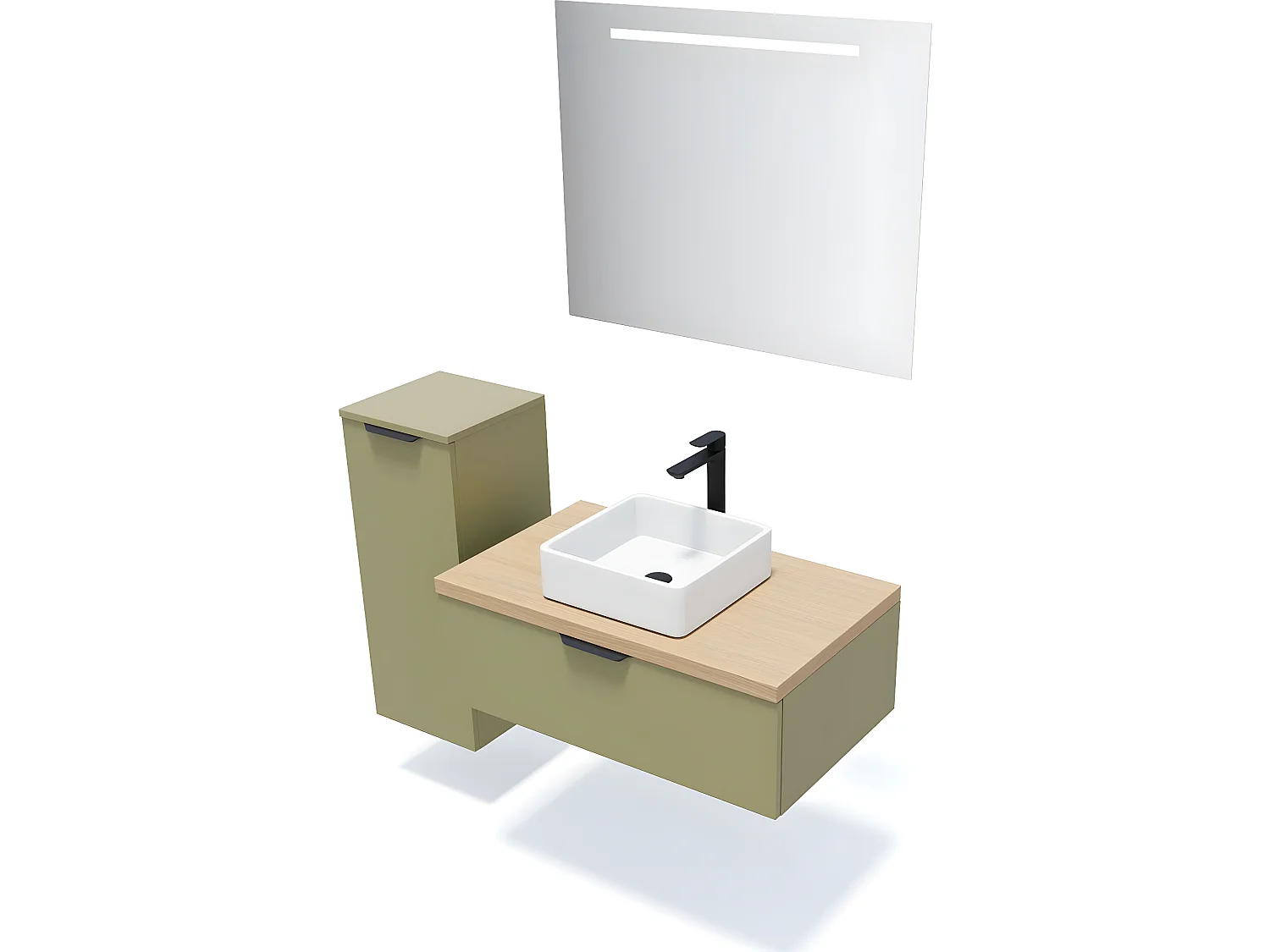 Meuble de salle de bain suspendu vasque à poser 90cm 1 tiroir Vert olive + miroir + colonne ouverture gauche - Soho