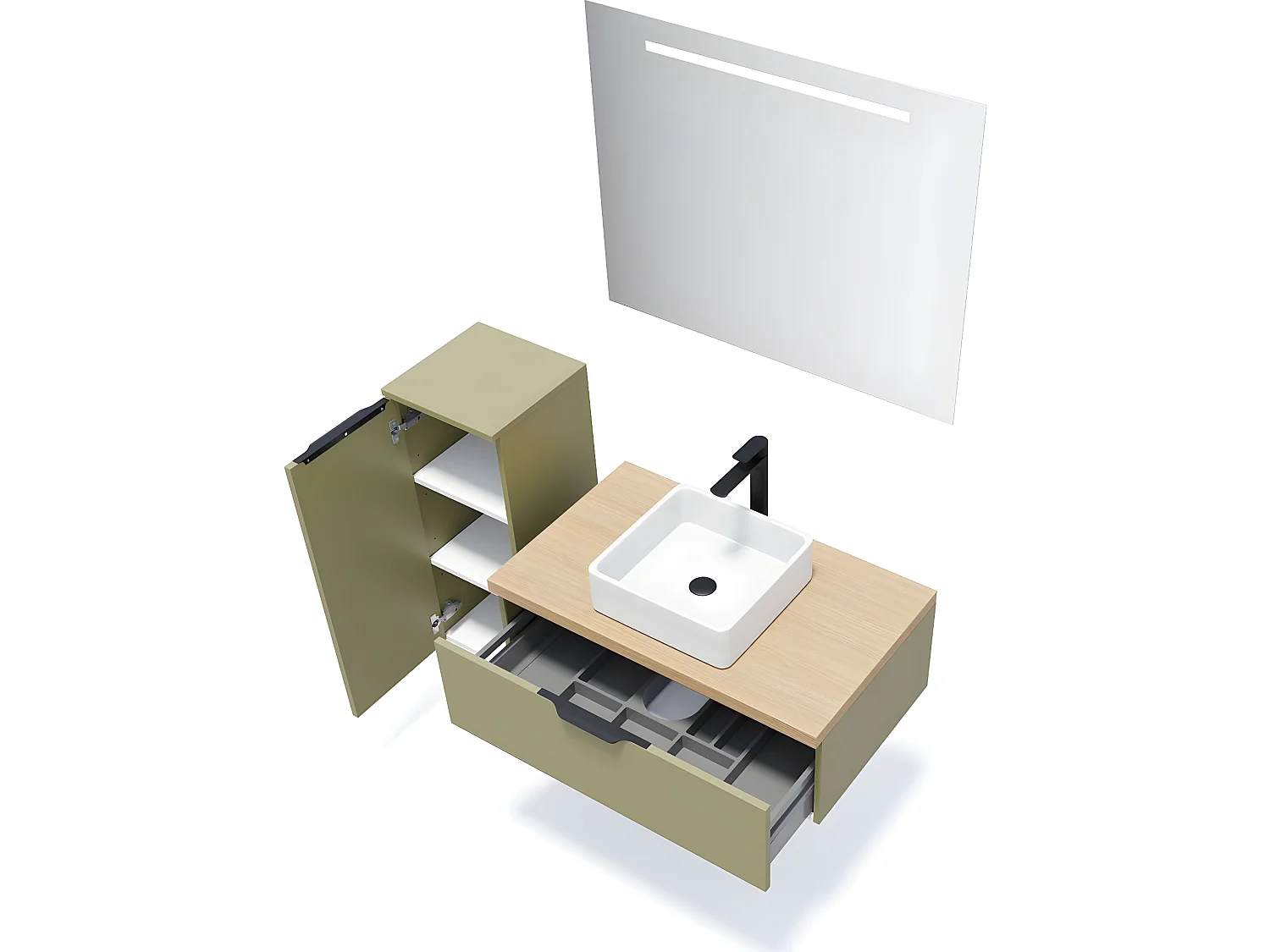 Meuble de salle de bain suspendu vasque à poser 90cm 1 tiroir Vert olive + miroir + colonne ouverture gauche - Soho
