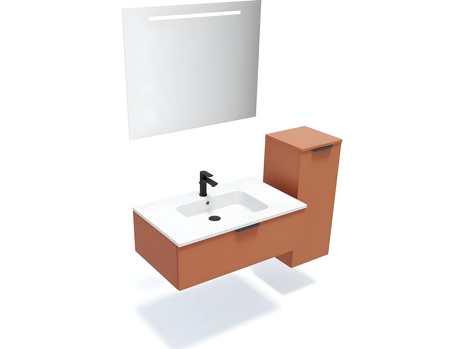 Meuble de salle de bain suspendu vasque intégrée 90cm 1 tiroir Terracotta + miroir + colonne ouverture gauche - Soho