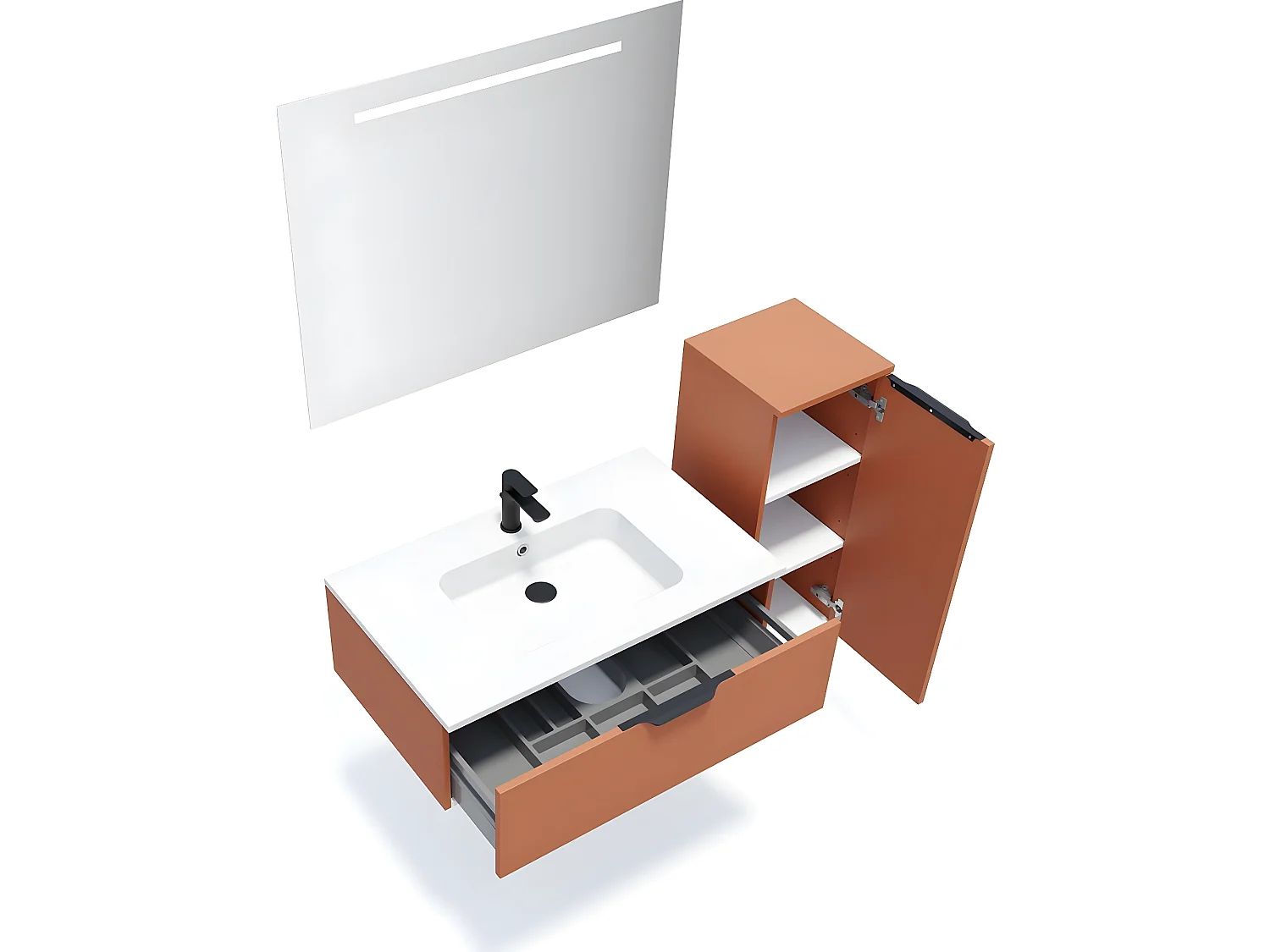 Meuble de salle de bain suspendu vasque intégrée 90cm 1 tiroir Terracotta + miroir + colonne ouverture gauche - Soho