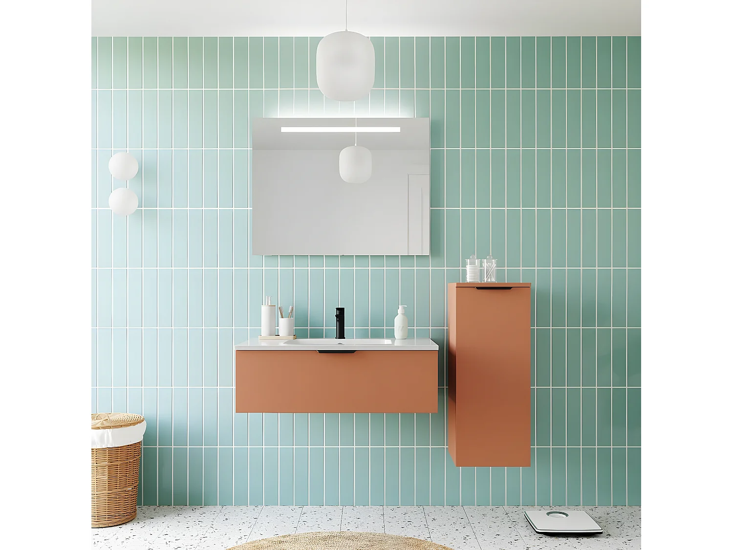 Meuble de salle de bain suspendu vasque intégrée 90cm 1 tiroir Terracotta + miroir + colonne ouverture gauche - Soho