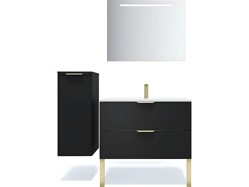 Meuble de salle de bain suspendu vasque intégrée 90cm 2 tiroirs Noir + miroir + colonne ouverture gauche - Venice