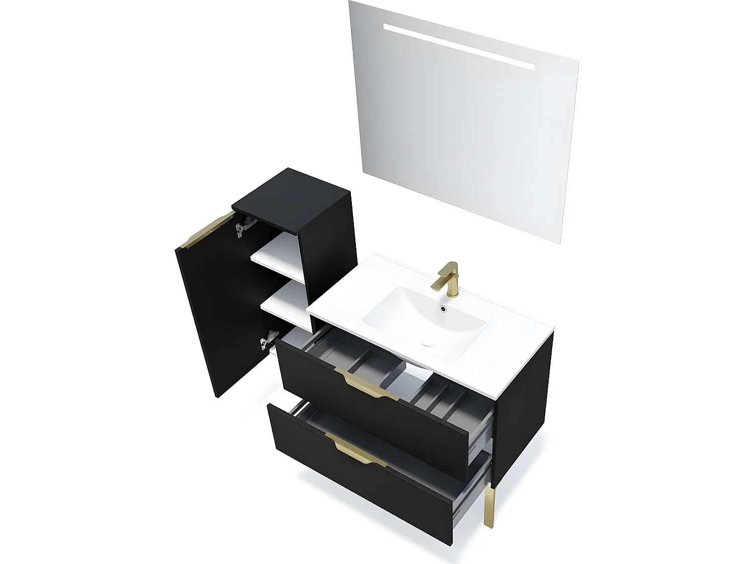 Meuble de salle de bain suspendu vasque intégrée 90cm 2 tiroirs Noir + miroir + colonne ouverture gauche - Venice