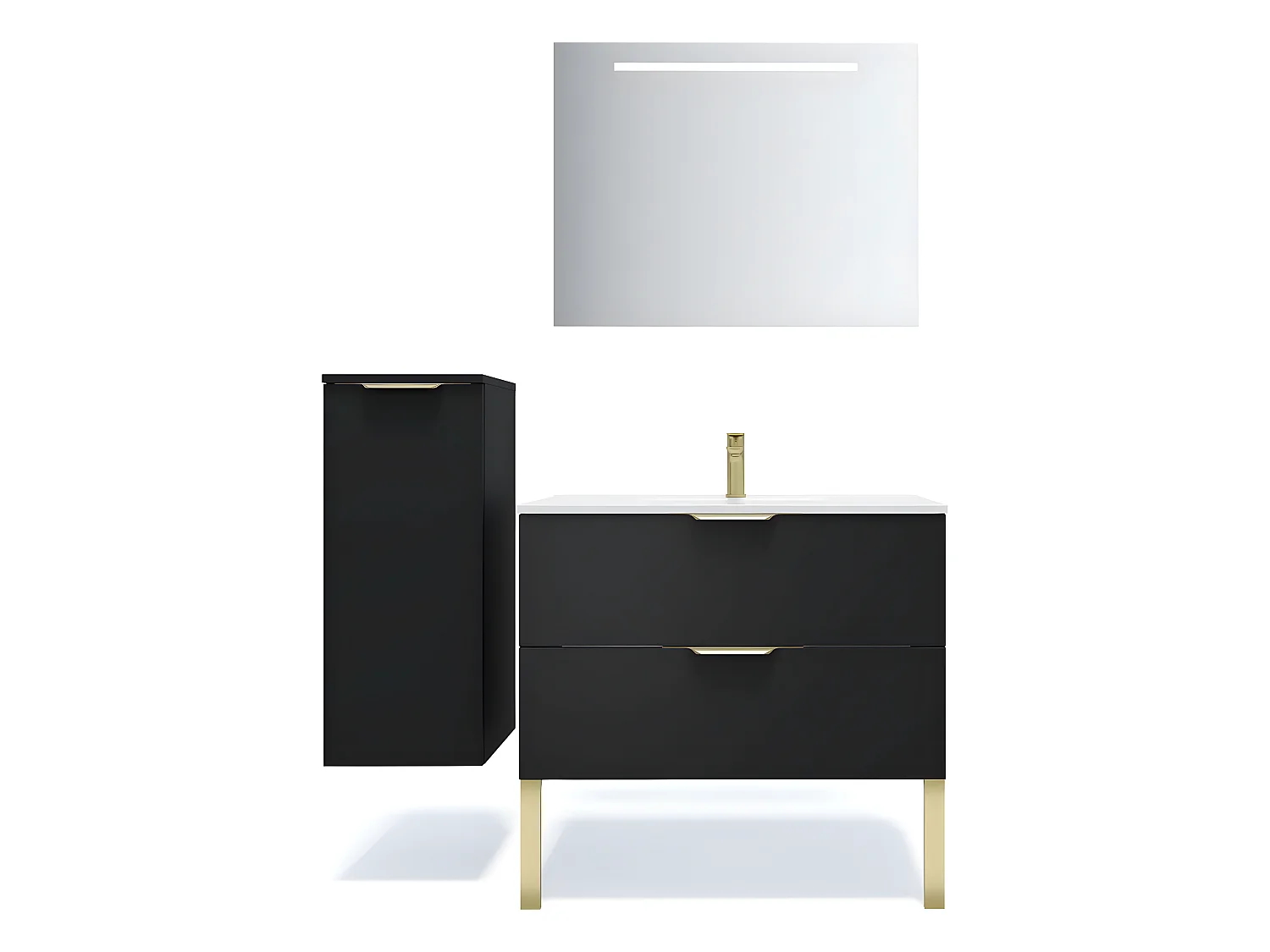 Meuble de salle de bain suspendu vasque intégrée 90cm 2 tiroirs Noir + miroir + colonne ouverture gauche - Venice