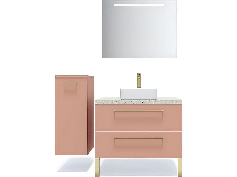Meuble de salle de bain suspendu vasque à poser 90cm 2 tiroirs Abricot + miroir + colonne ouverture gauche - Glasgow