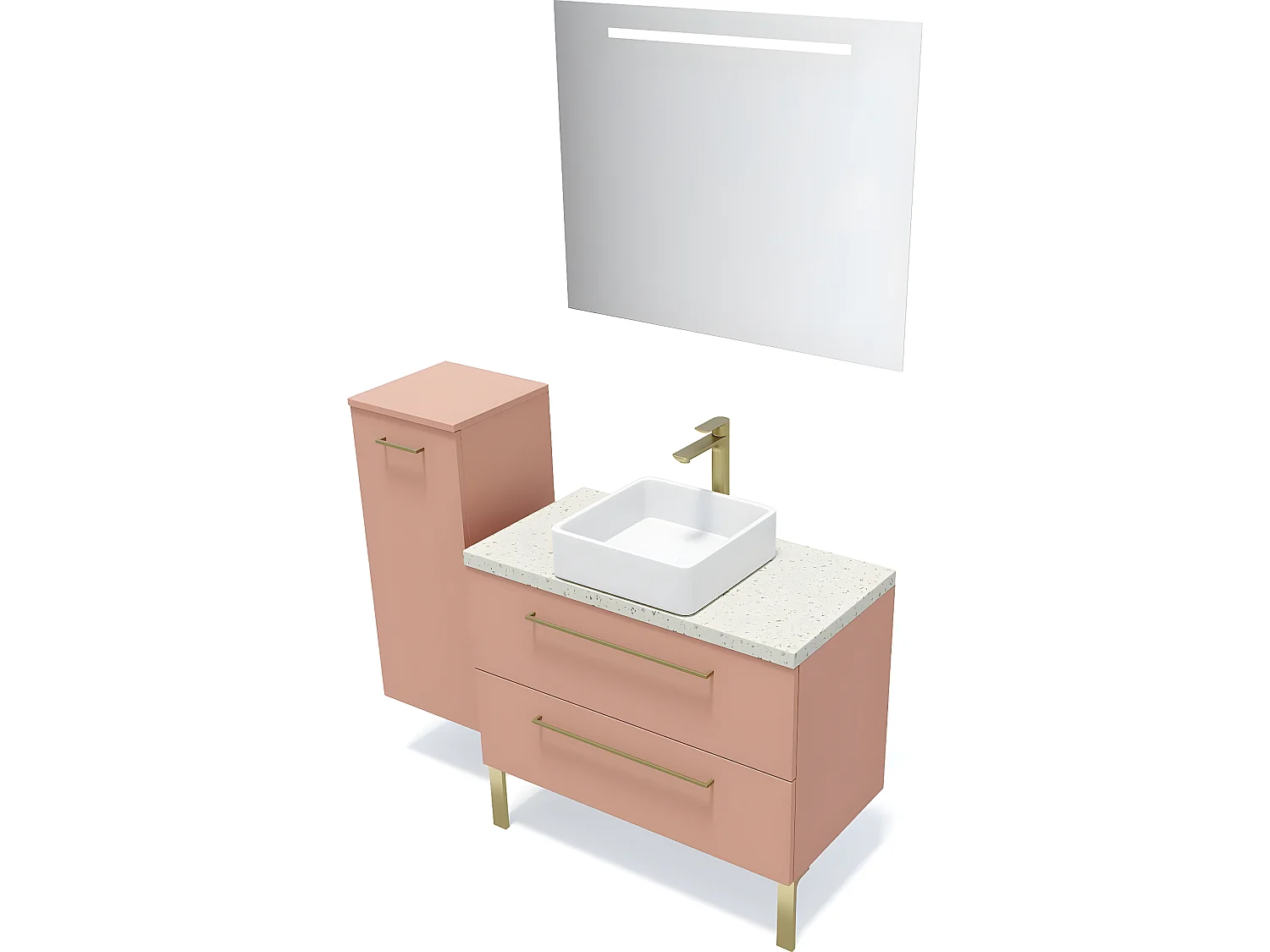 Meuble de salle de bain suspendu vasque à poser 90cm 2 tiroirs Abricot + miroir + colonne ouverture gauche - Glasgow