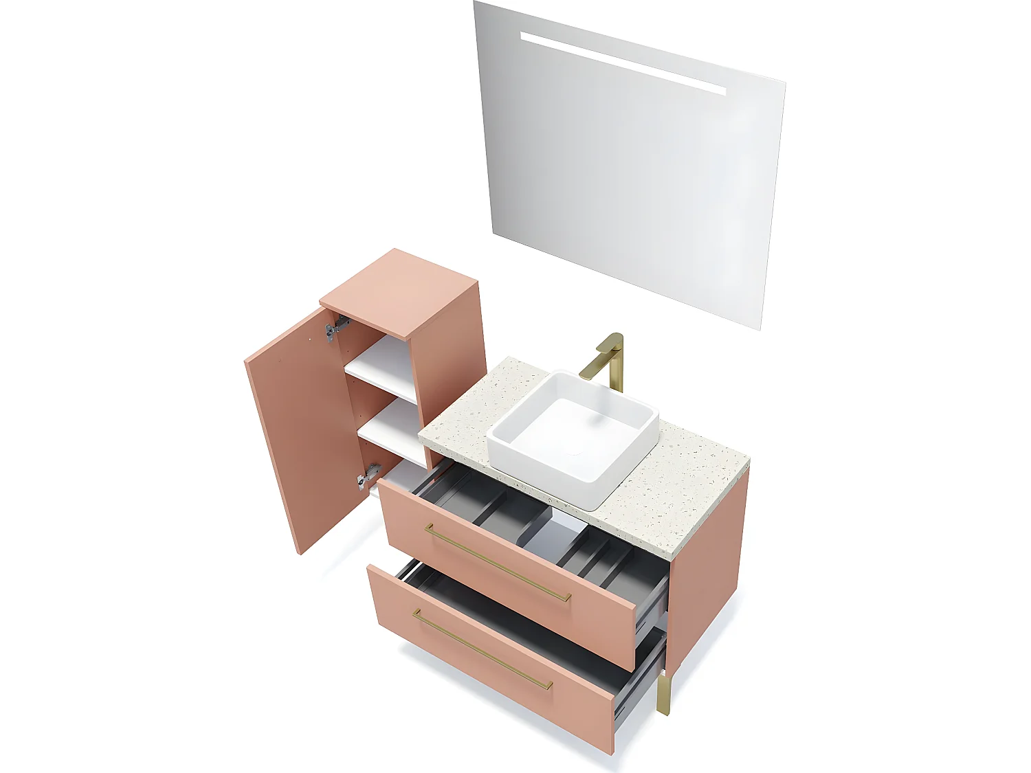 Meuble de salle de bain suspendu vasque à poser 90cm 2 tiroirs Abricot + miroir + colonne ouverture gauche - Glasgow