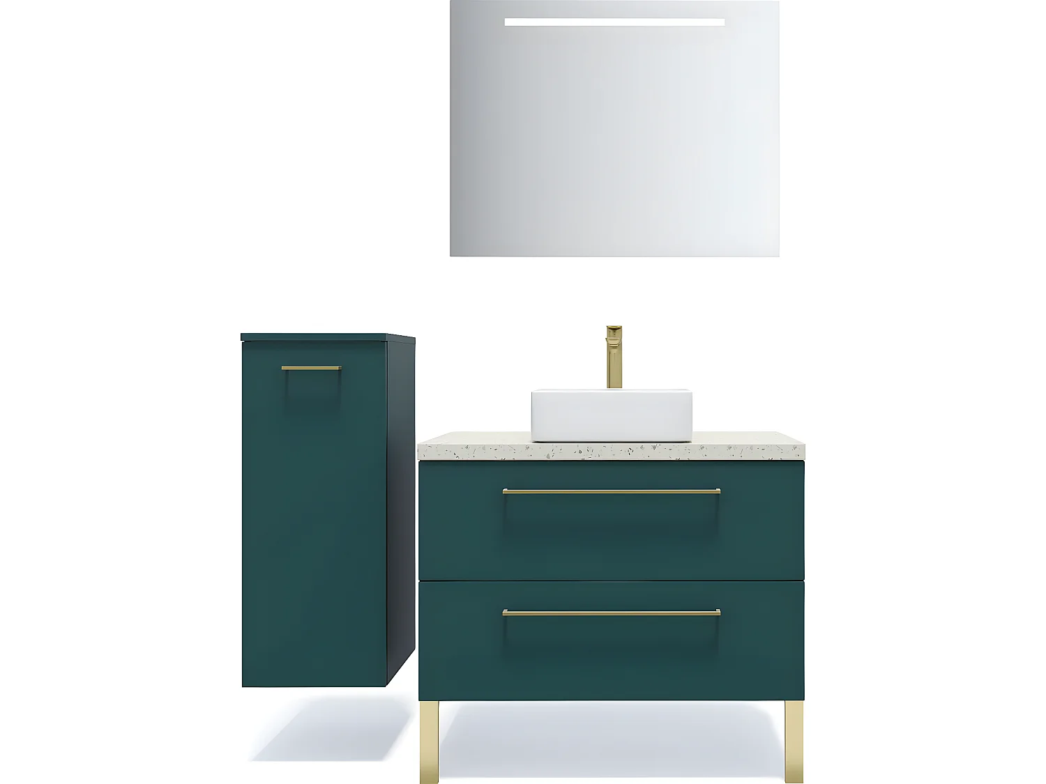 Meuble de salle de bain suspendu vasque à poser 90cm 2 tiroirs Bleu + miroir + colonne ouverture gauche - Glasgow