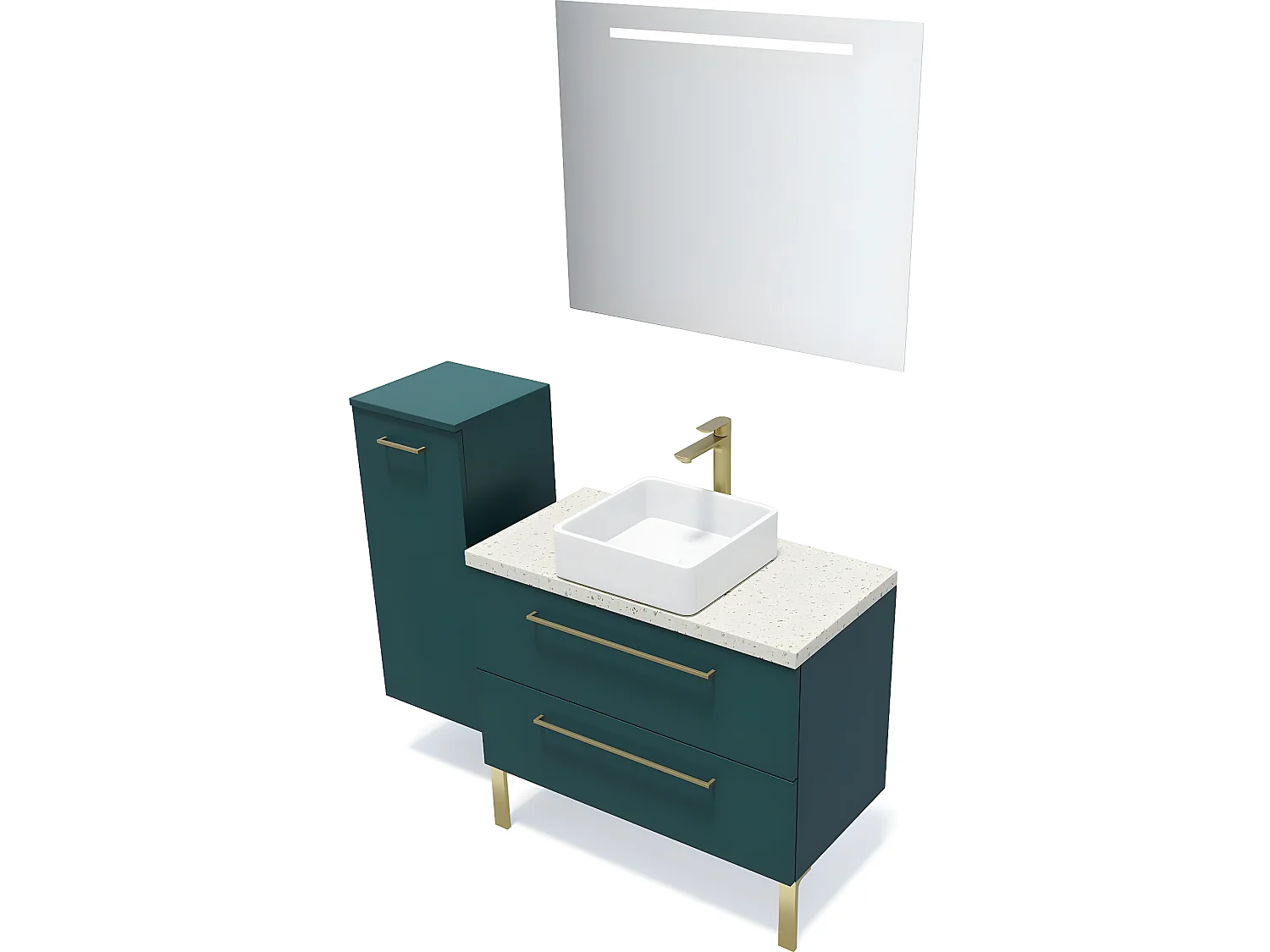 Meuble de salle de bain suspendu vasque à poser 90cm 2 tiroirs Bleu + miroir + colonne ouverture gauche - Glasgow