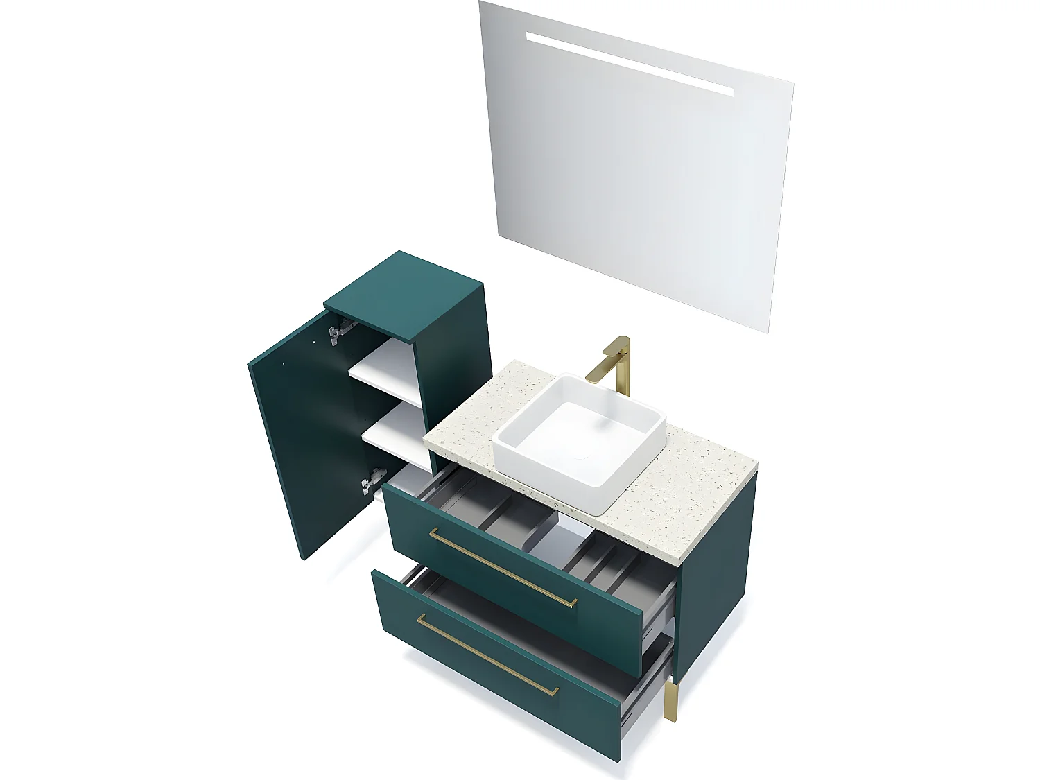 Meuble de salle de bain suspendu vasque à poser 90cm 2 tiroirs Bleu + miroir + colonne ouverture gauche - Glasgow