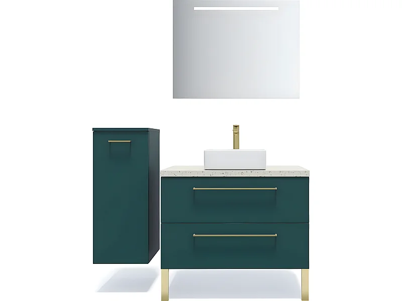 Meuble de salle de bain suspendu vasque à poser 90cm 2 tiroirs Bleu + miroir + colonne ouverture gauche - Glasgow