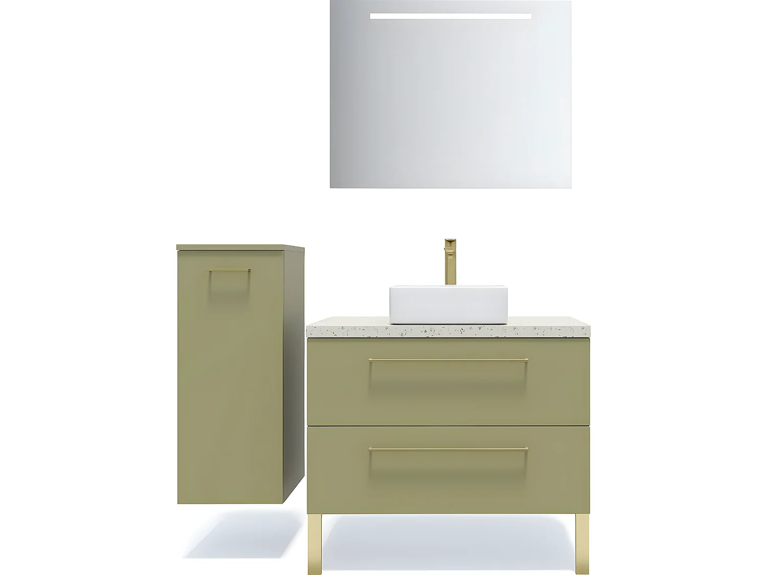 Meuble de salle de bain suspendu vasque à poser 90cm 2 tiroirs Vert olive + miroir + colonne ouverture gauche - Glasgow