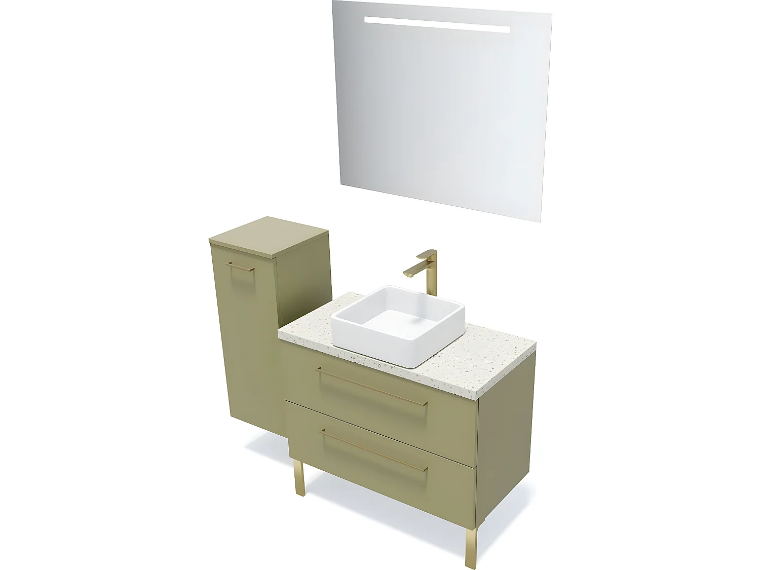 Meuble de salle de bain suspendu vasque à poser 90cm 2 tiroirs Vert olive + miroir + colonne ouverture gauche - Glasgow