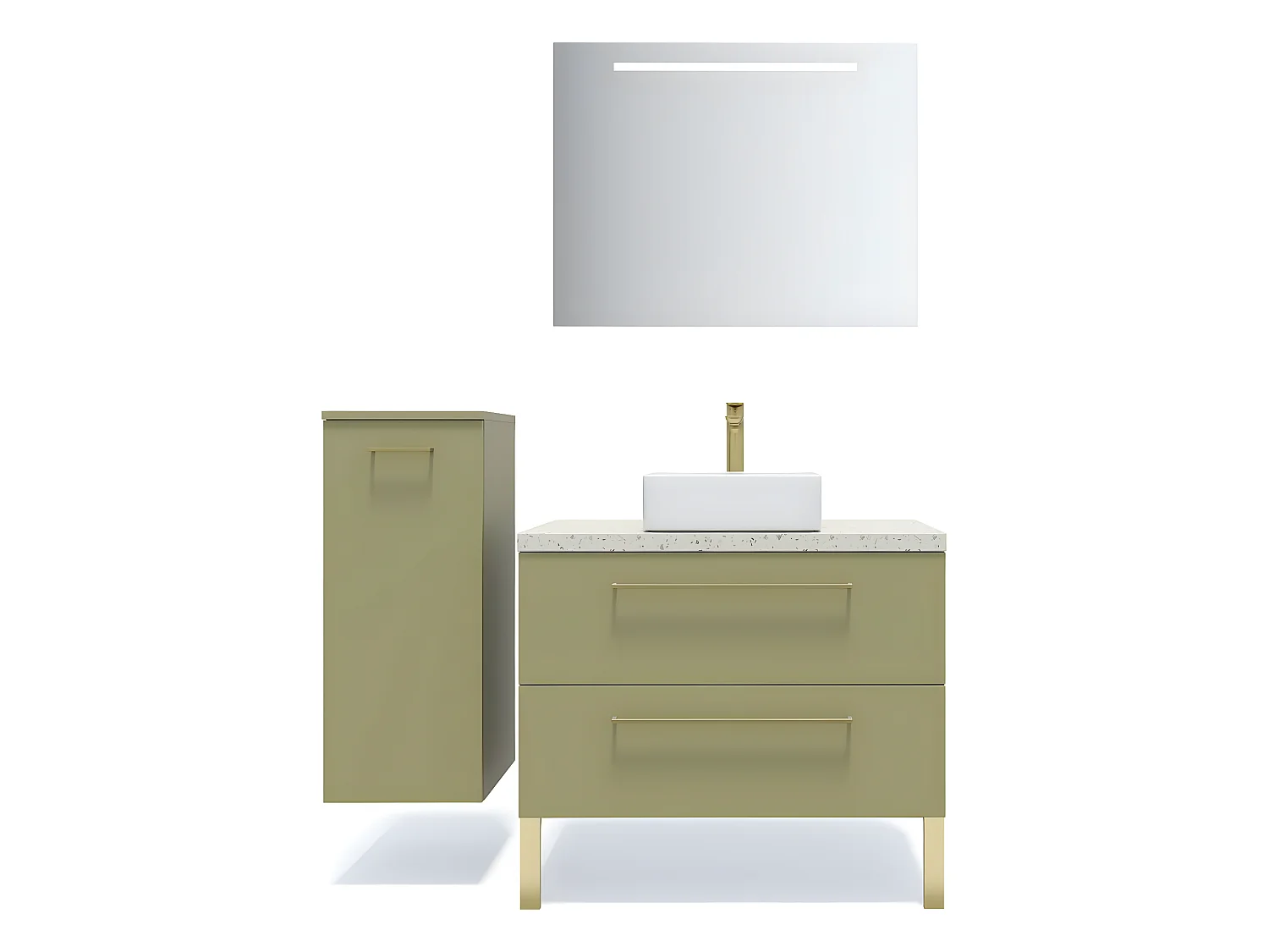 Meuble de salle de bain suspendu vasque à poser 90cm 2 tiroirs Vert olive + miroir + colonne ouverture gauche - Glasgow