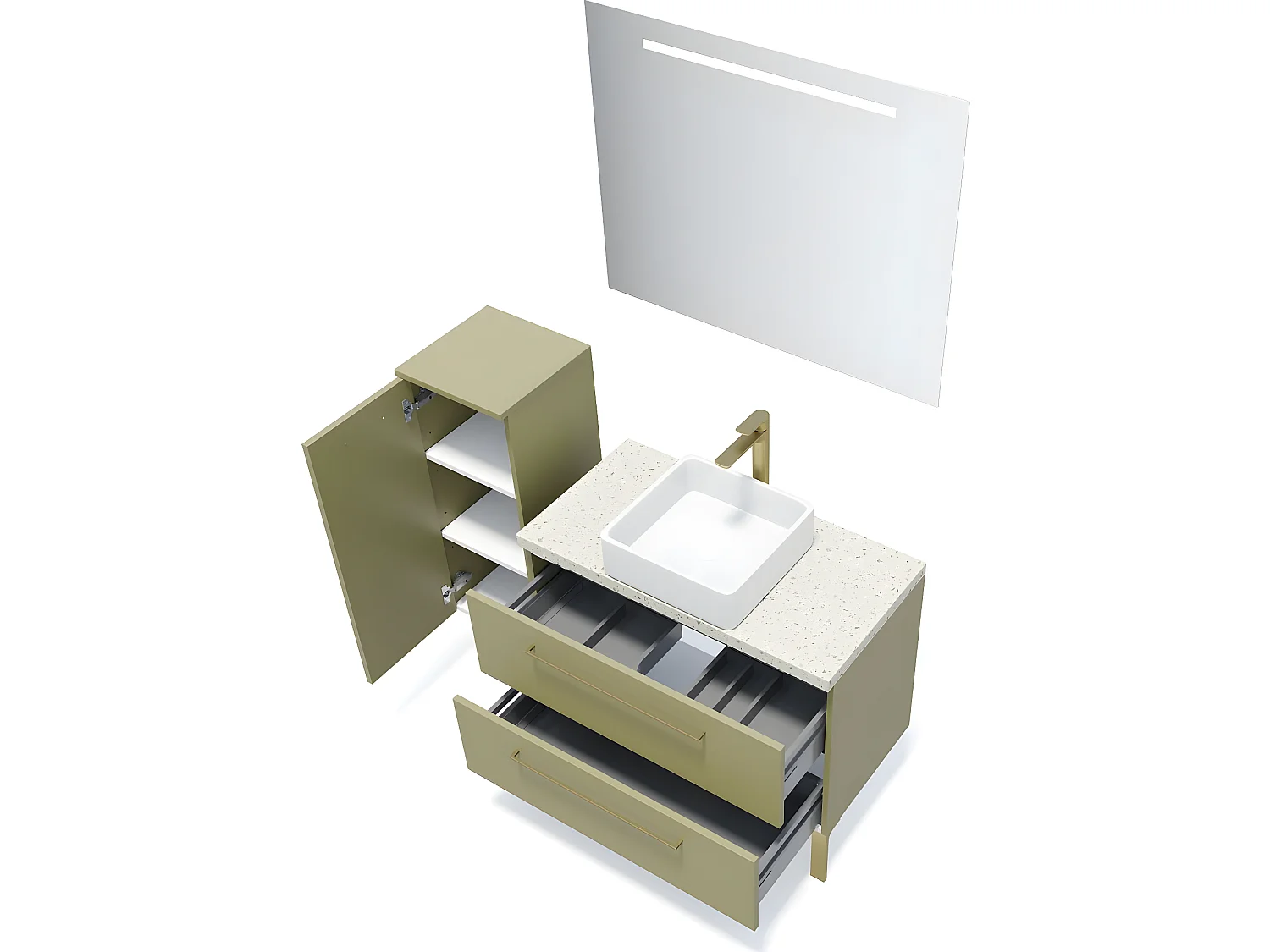 Meuble de salle de bain suspendu vasque à poser 90cm 2 tiroirs Vert olive + miroir + colonne ouverture gauche - Glasgow