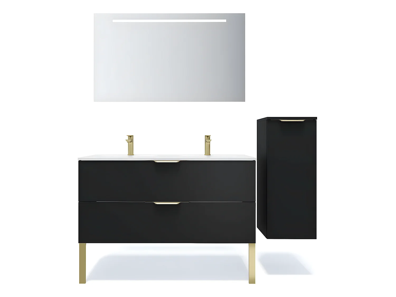 Meuble de salle de bain suspendu double vasque intégrée 120cm 2 tiroirs Noir + miroir + colonne ouverture droite - Venice