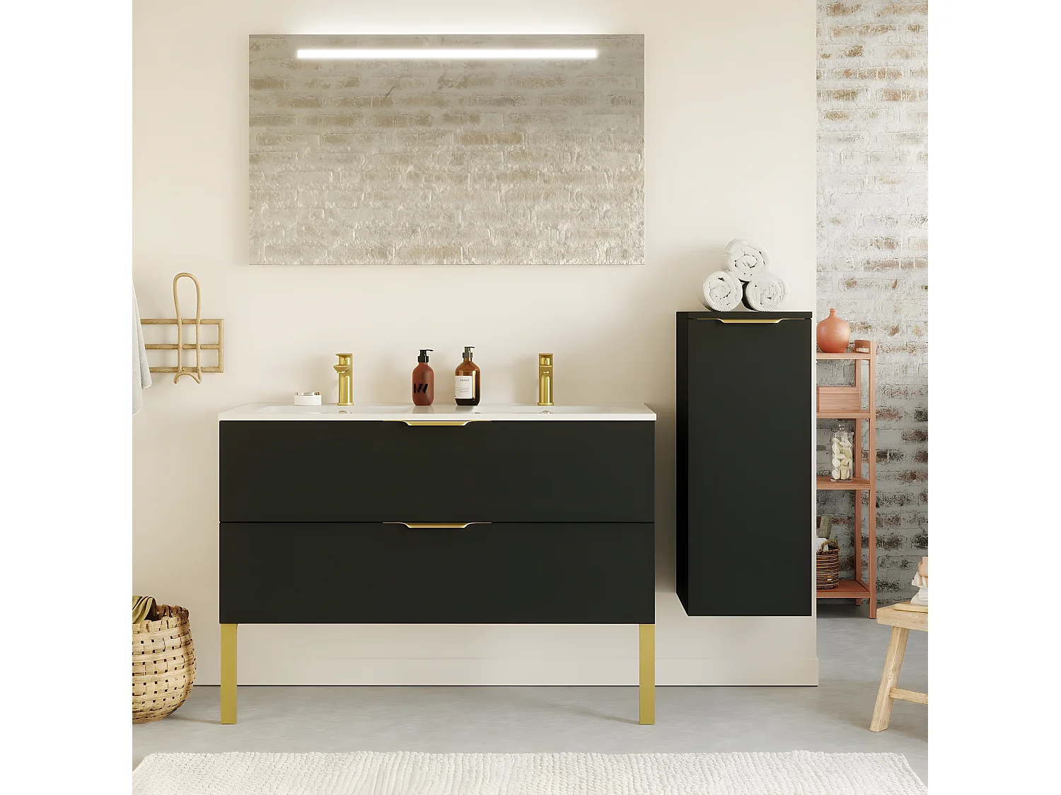 Meuble de salle de bain suspendu double vasque intégrée 120cm 2 tiroirs Noir + miroir + colonne ouverture droite - Venice