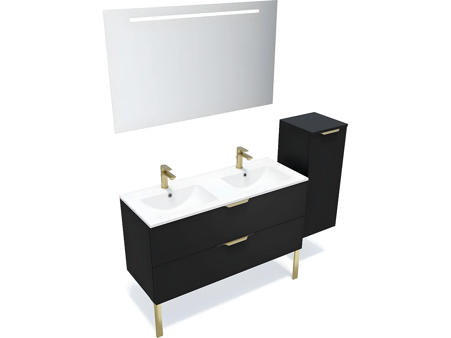 Meuble de salle de bain suspendu double vasque intégrée 120cm 2 tiroirs Noir + miroir + colonne ouverture droite - Venice
