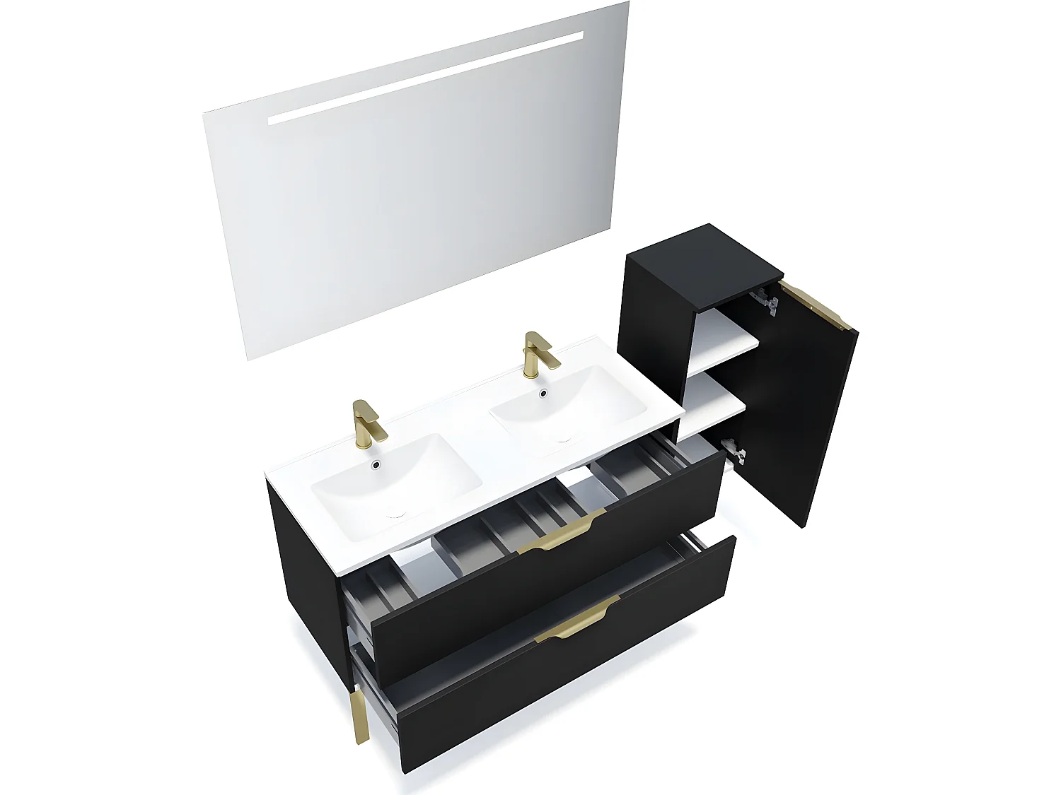 Meuble de salle de bain suspendu double vasque intégrée 120cm 2 tiroirs Noir + miroir + colonne ouverture droite - Venice