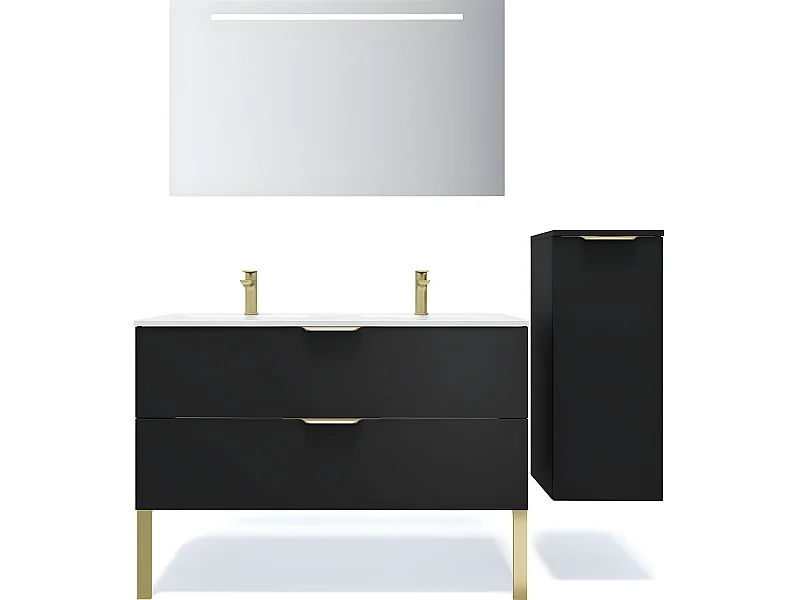 Meuble de salle de bain suspendu double vasque intégrée 120cm 2 tiroirs Noir + miroir + colonne ouverture droite - Venice