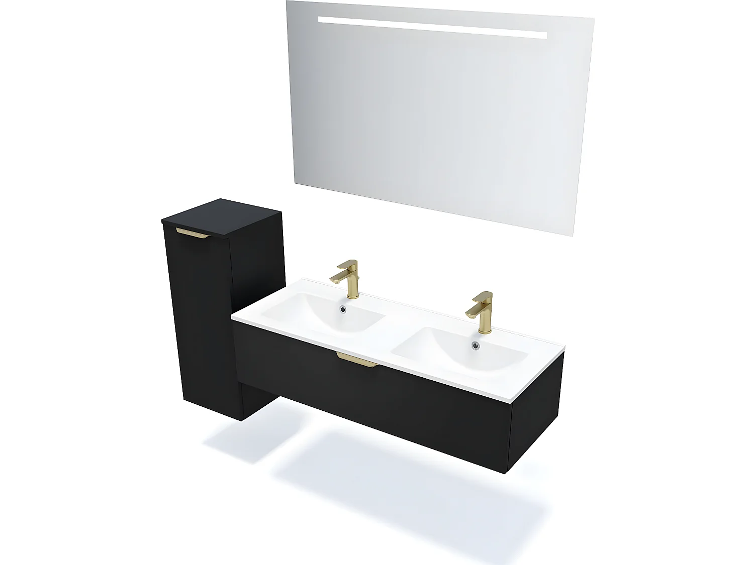 Meuble de salle de bain suspendu double vasque intégrée 120cm 1 tiroir Noir + miroir + colonne ouverture gauche - Venice