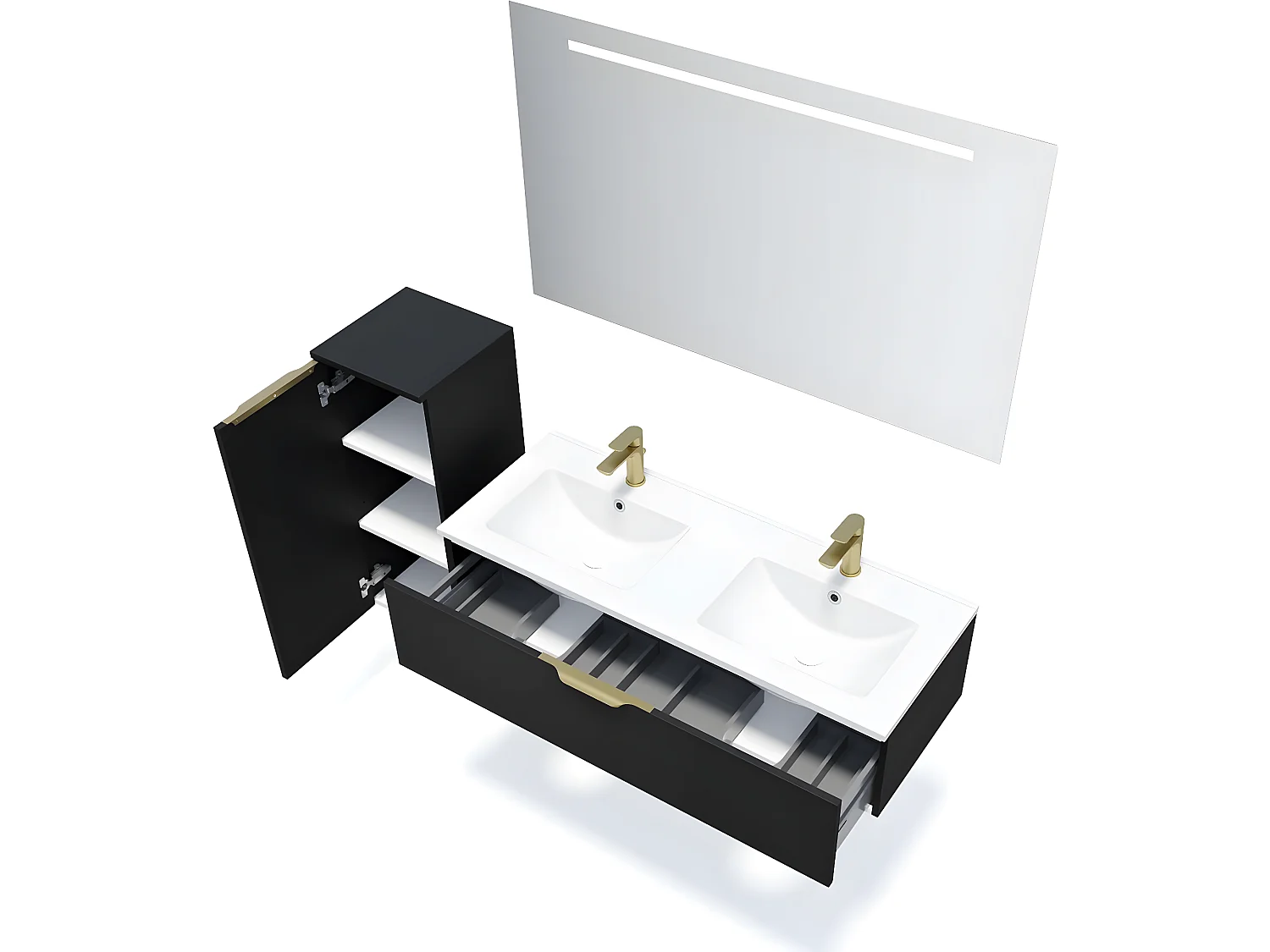 Meuble de salle de bain suspendu double vasque intégrée 120cm 1 tiroir Noir + miroir + colonne ouverture gauche - Venice