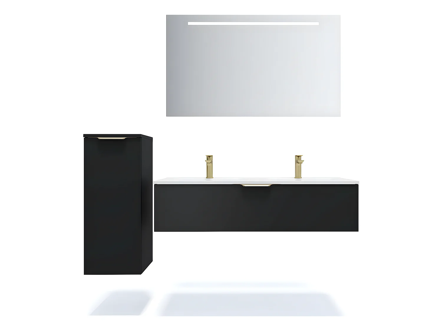 Meuble de salle de bain suspendu double vasque intégrée 120cm 1 tiroir Noir + miroir + colonne ouverture gauche - Venice