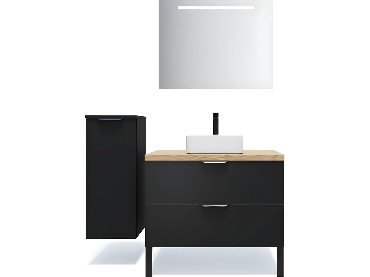 Meuble de salle de bain suspendu vasque à poser 90cm 2 tiroirs Noir + miroir + colonne ouverture gauche - Soho