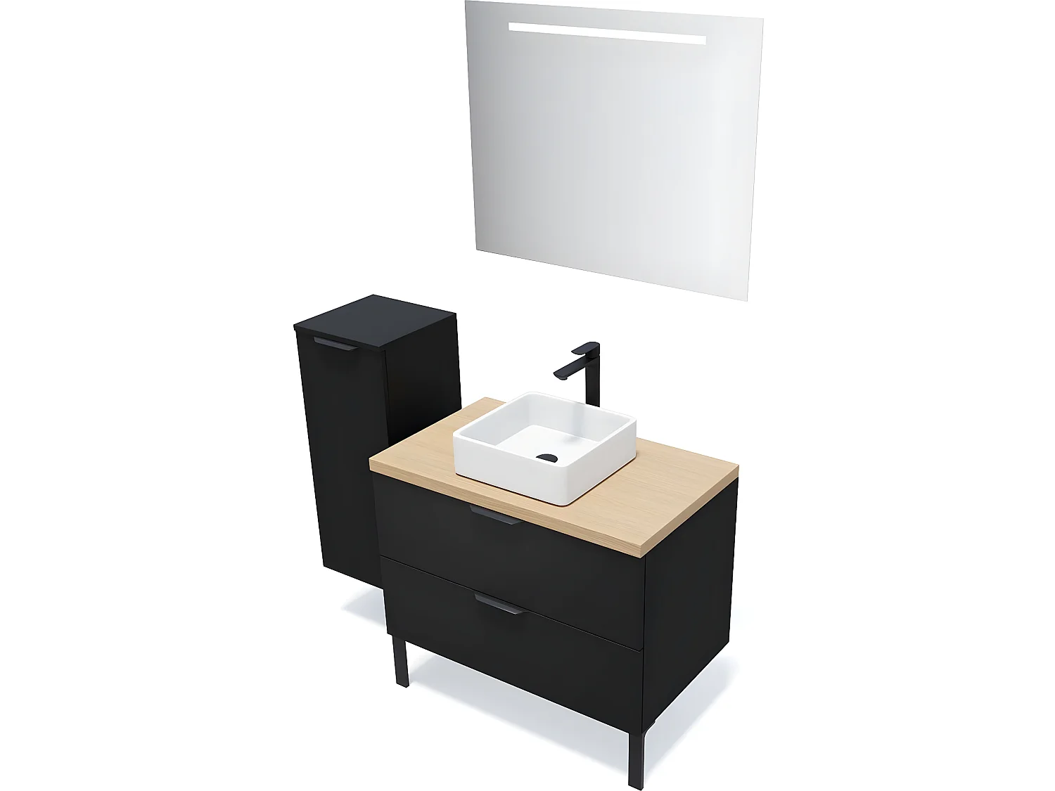 Meuble de salle de bain suspendu vasque à poser 90cm 2 tiroirs Noir + miroir + colonne ouverture gauche - Soho