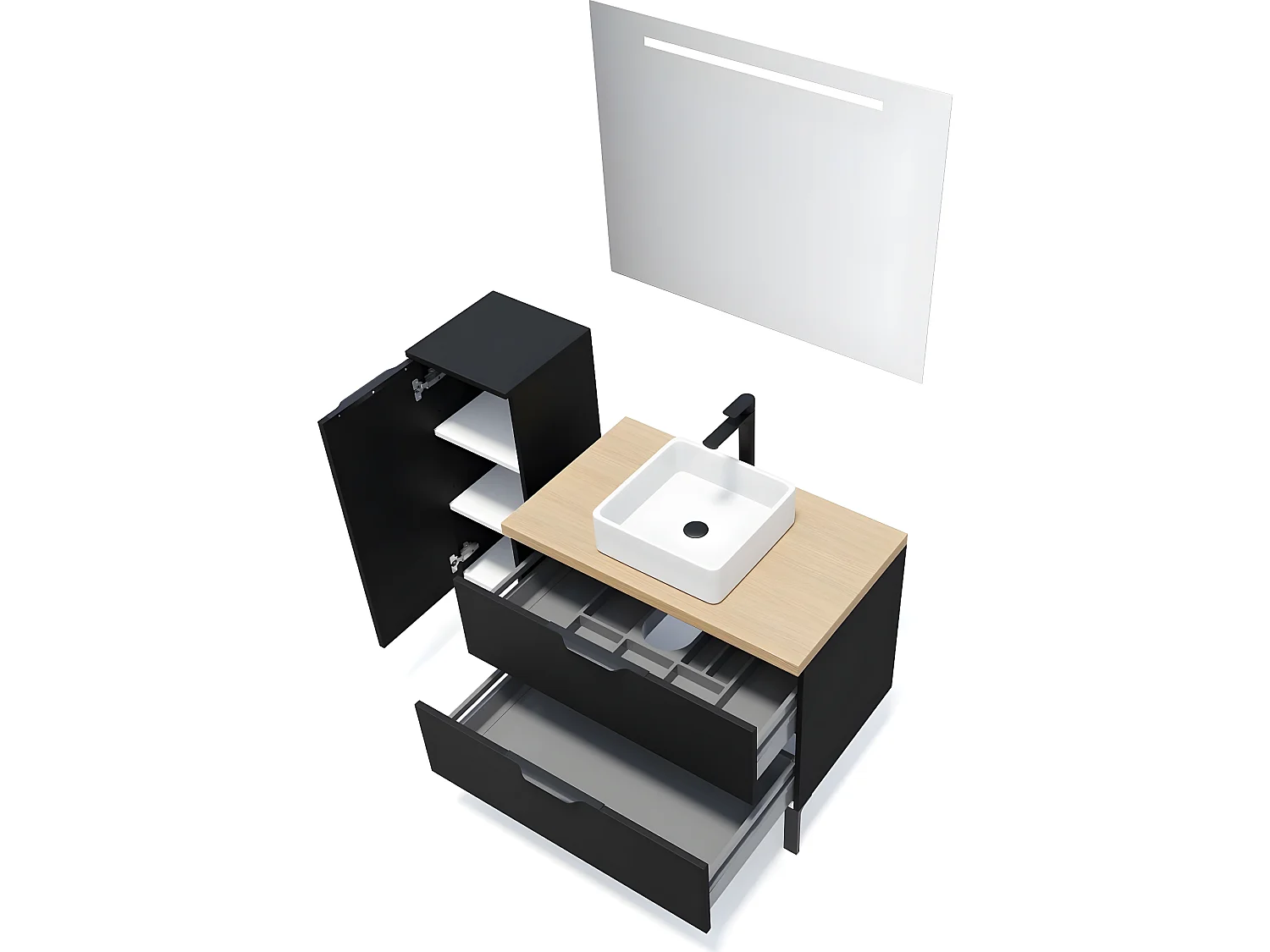 Meuble de salle de bain suspendu vasque à poser 90cm 2 tiroirs Noir + miroir + colonne ouverture gauche - Soho