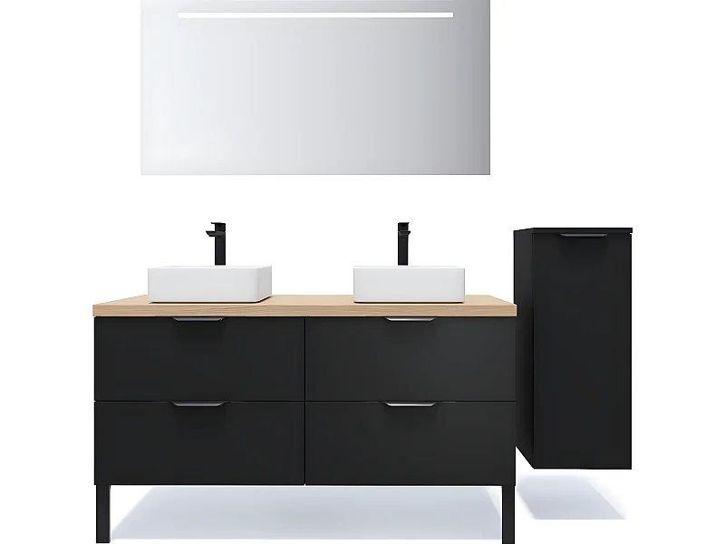 Meuble de salle de bain suspendu 2 vasques à poser 140cm 4 tiroirs Noir + miroir + colonne ouverture droite - Soho